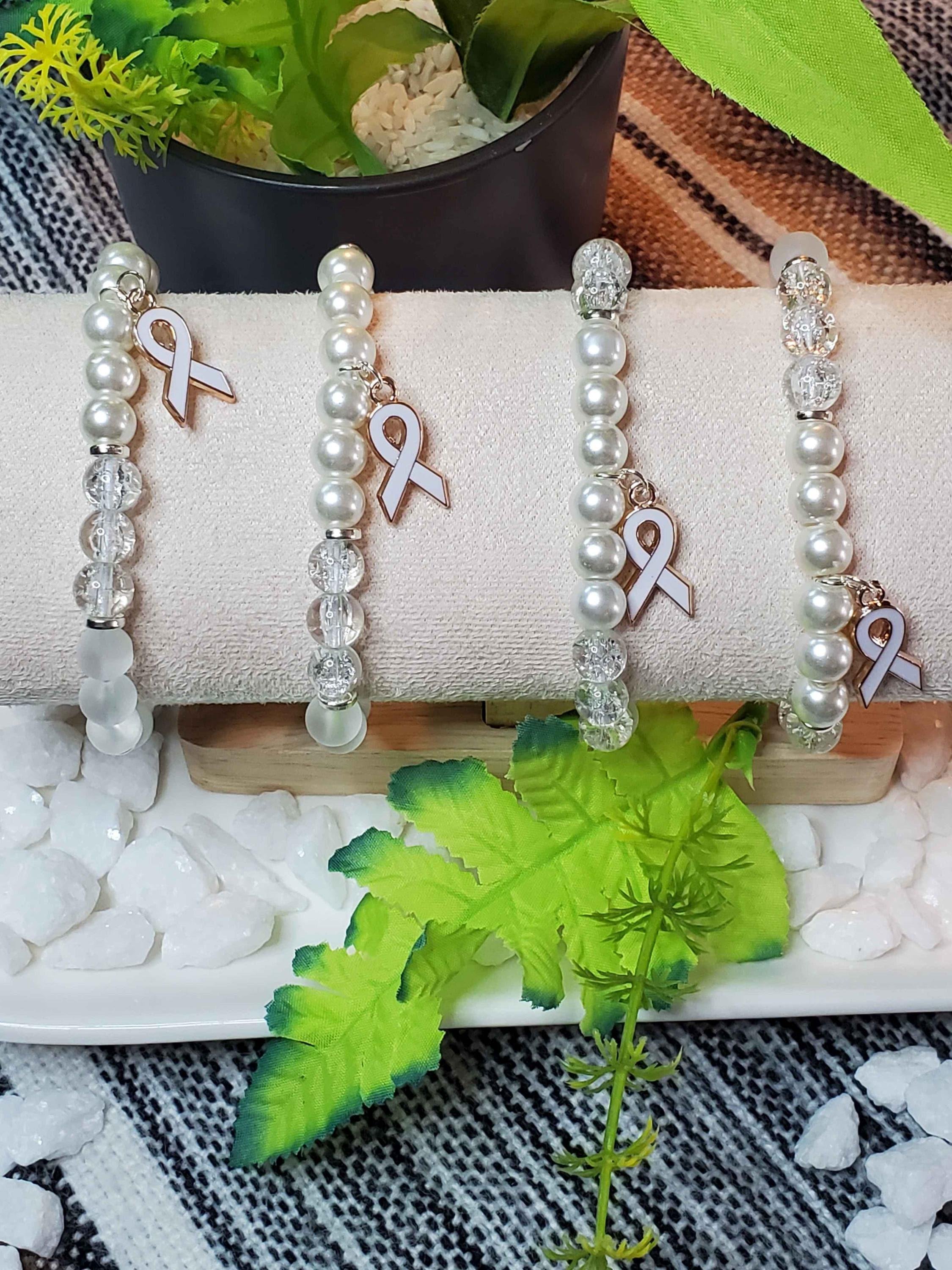 Lung Cancer Awareness White Beaded Bracelet