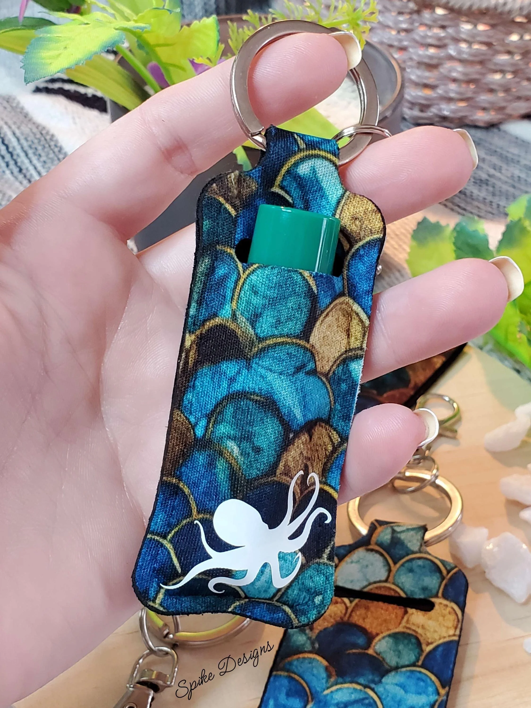 Blue Mermaid Scale Octopus Lanyard Key Chain and Lip Balm Holder Set