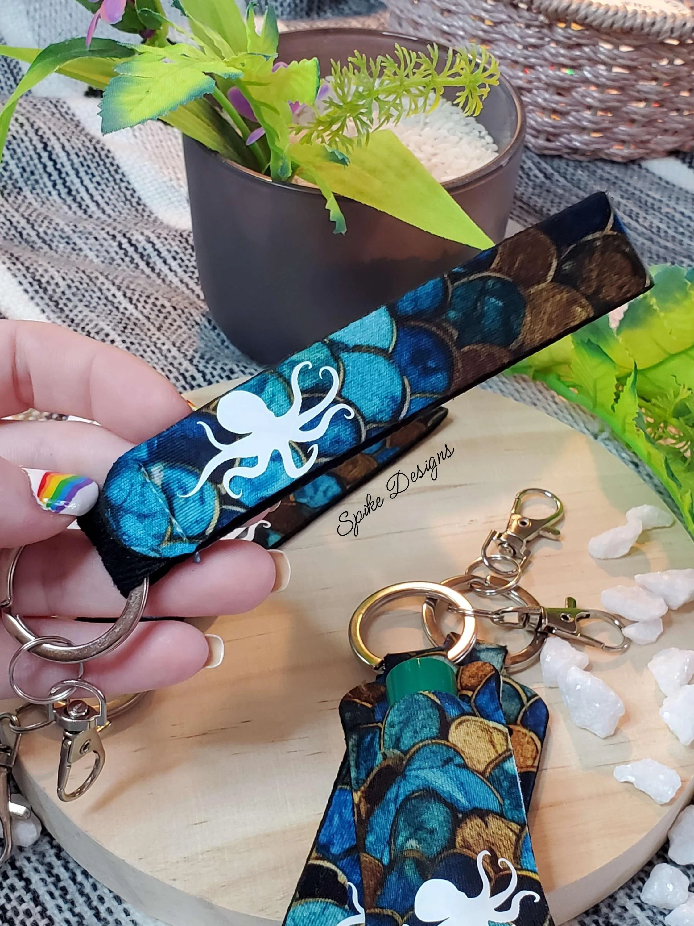 Blue Mermaid Scale Octopus Lanyard Key Chain and Lip Balm Holder Set