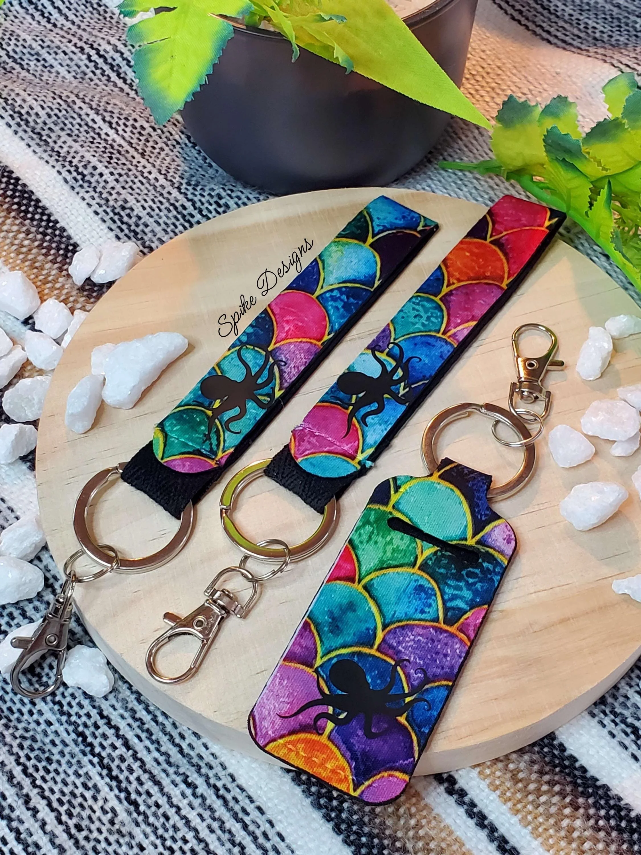 Multi Colored Mermaid Scale Octopus Lanyard Key Chain and Lip Balm Holder Set