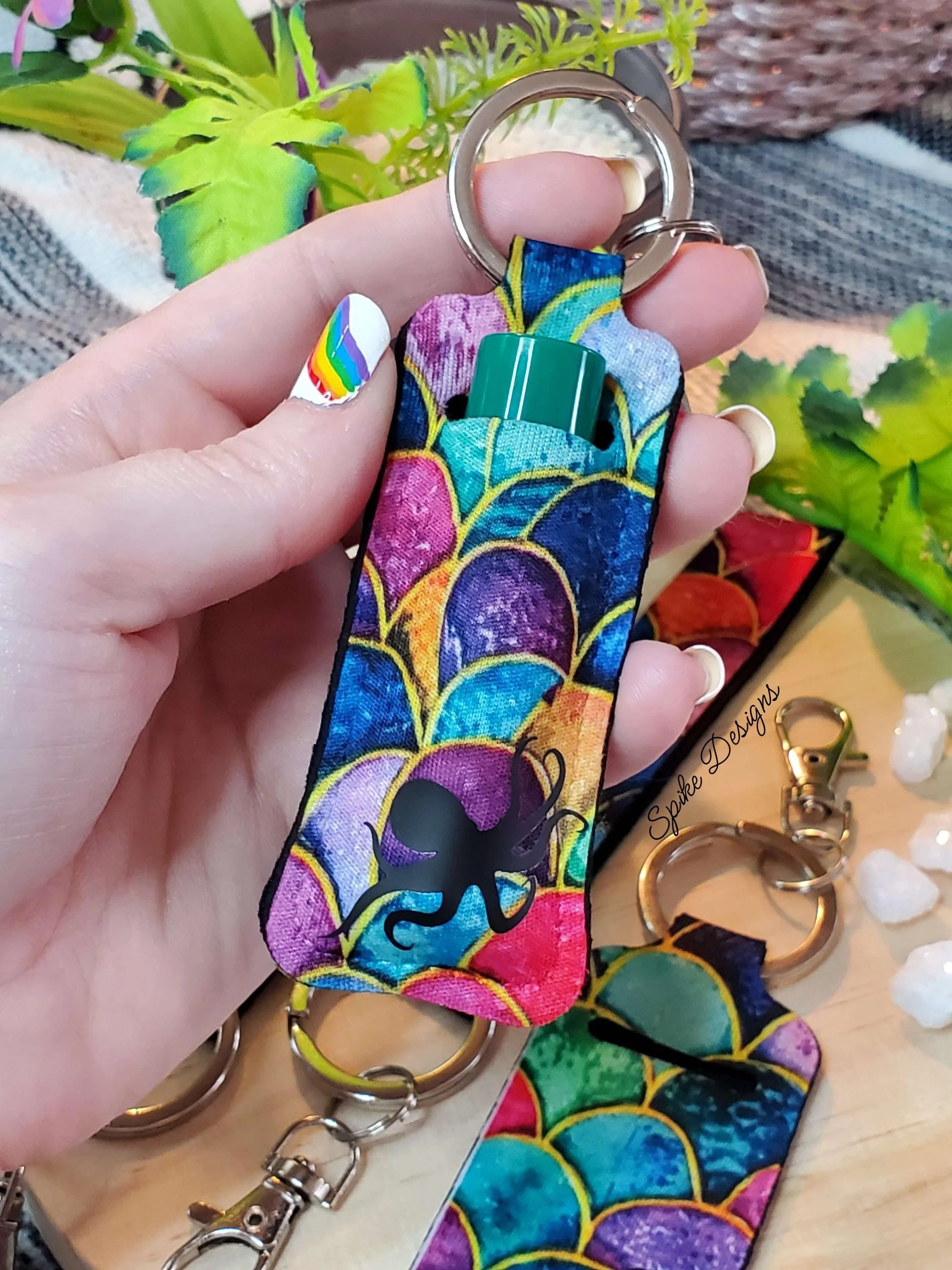 Multi Colored Mermaid Scale Octopus Lanyard Key Chain and Lip Balm Holder Set