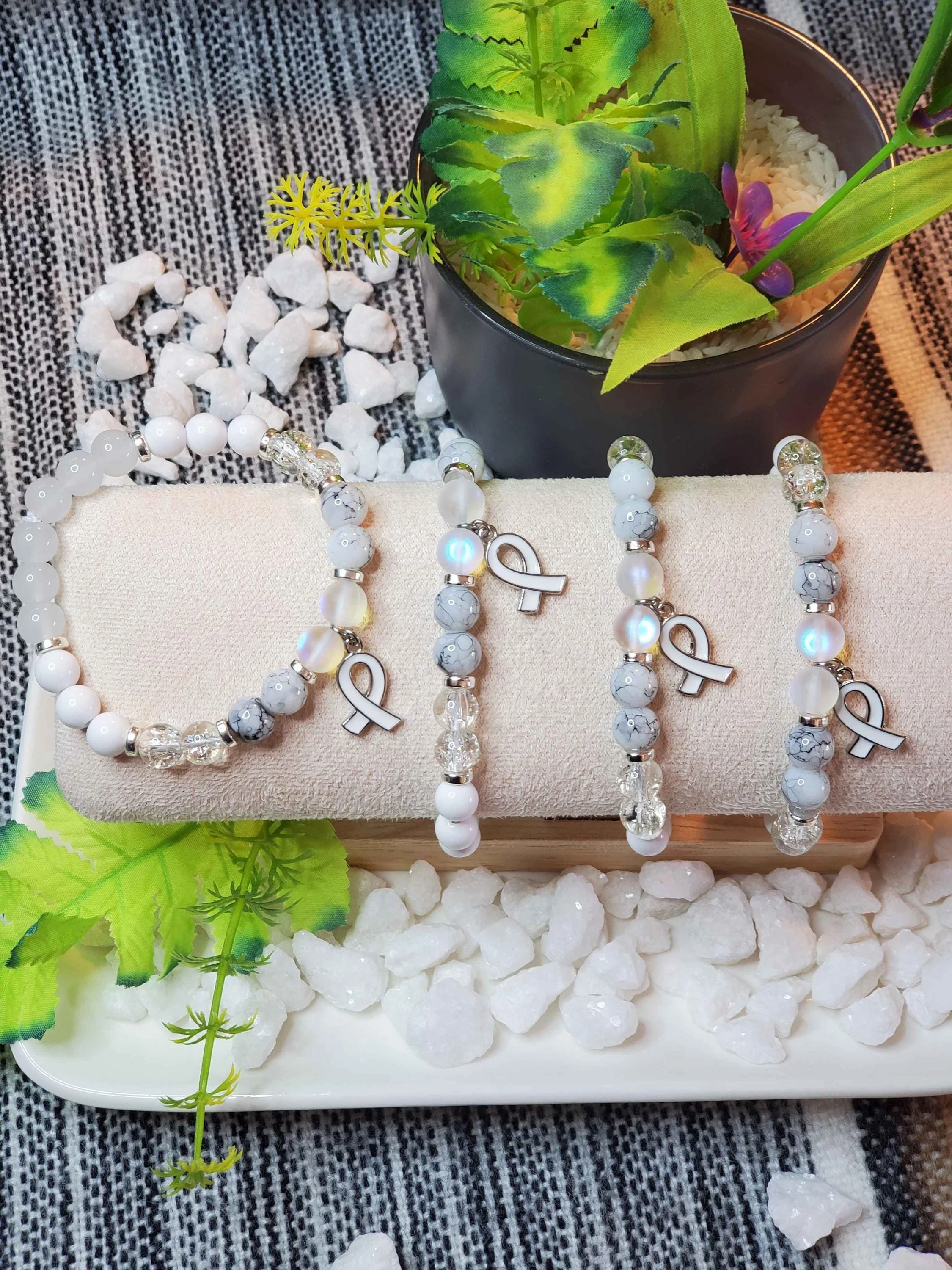 Lung Cancer Awareness White Beaded Bracelet