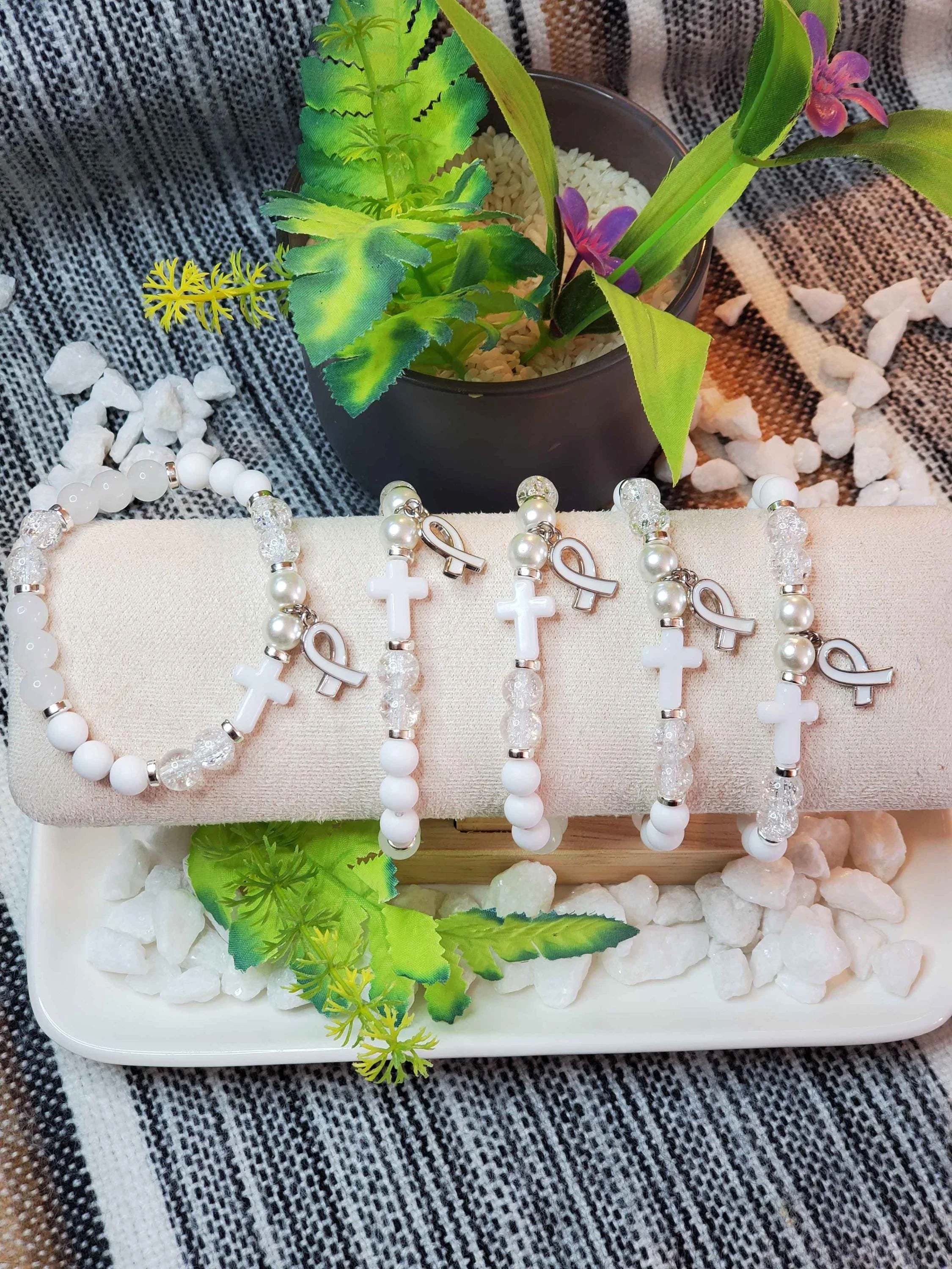 Lung Cancer Awareness White Beaded Bracelet