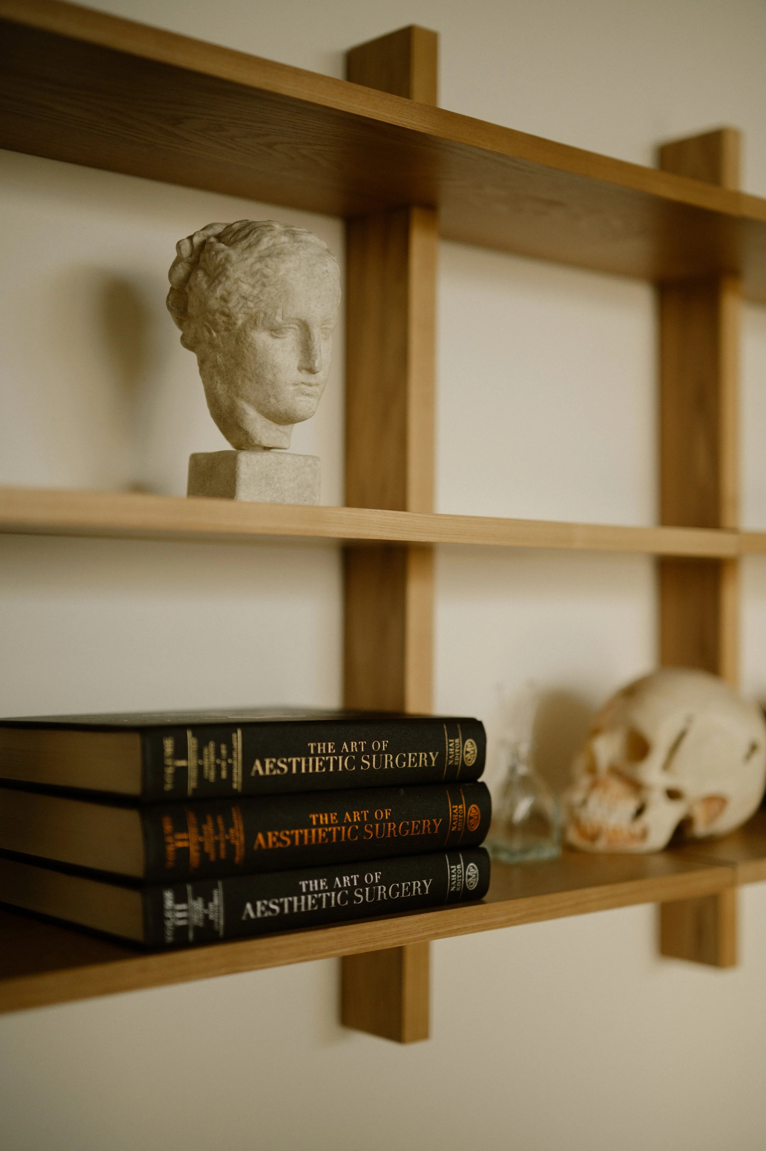 A wooden shelf with a classical bust sculpture, three books titled "The Art of Aesthetic Surgery," a human skull, and a small glass vial.