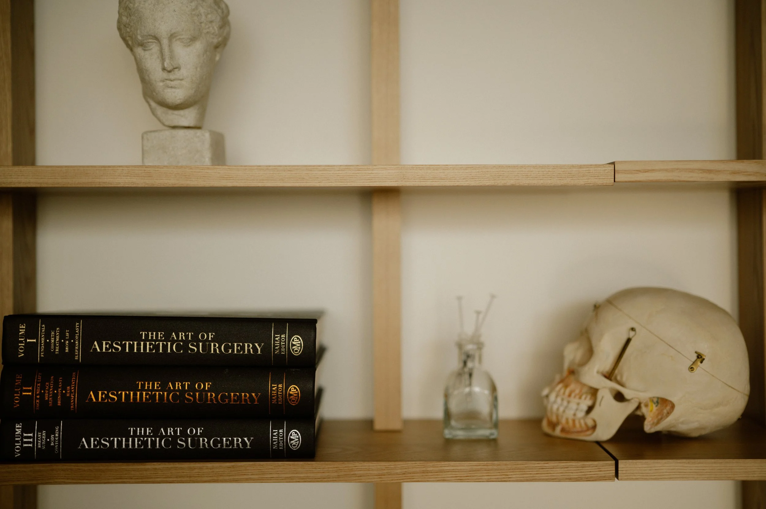 Wooden shelf with anatomical skull, three volumes of 'The Art of Aesthetic Surgery,' a small glass bottle, and a plaster bust of a human head.