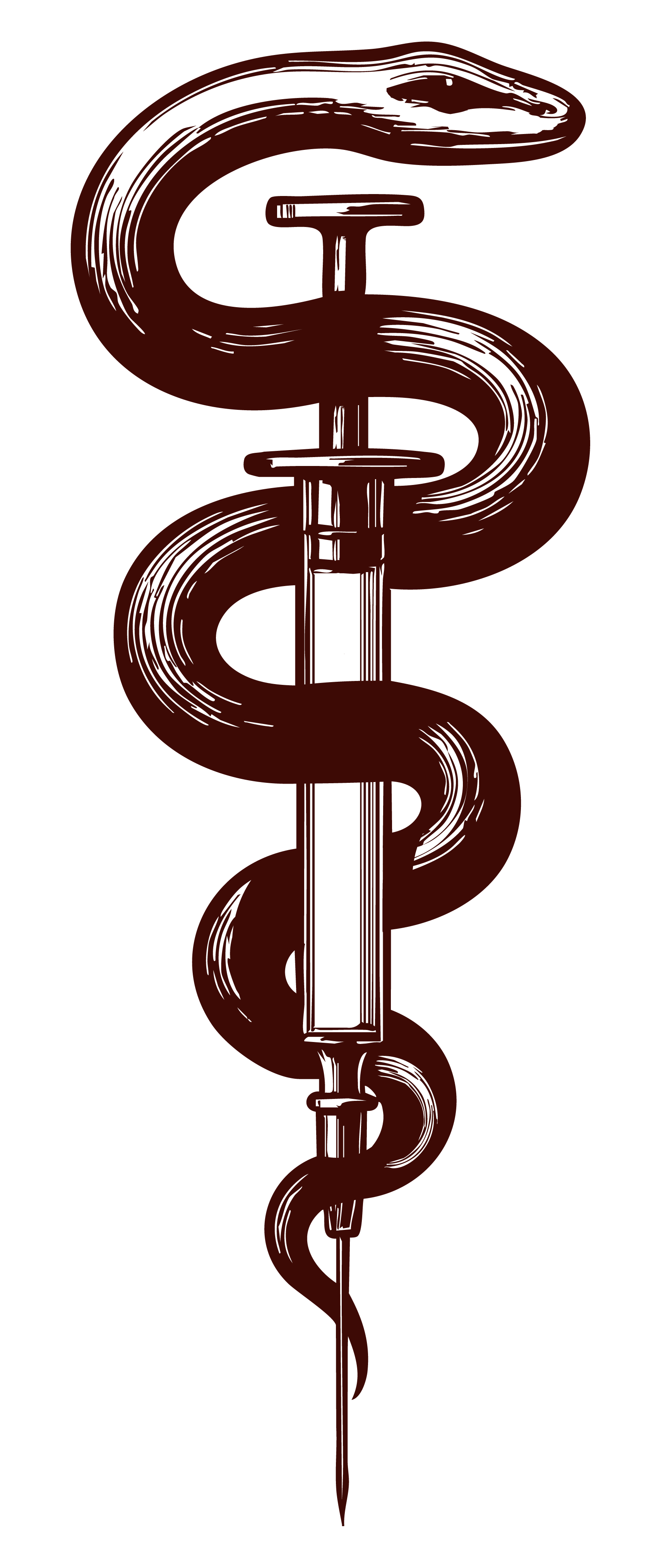 A dark red medical caduceus symbol with a serpent intertwined around a rod, set against a black background.