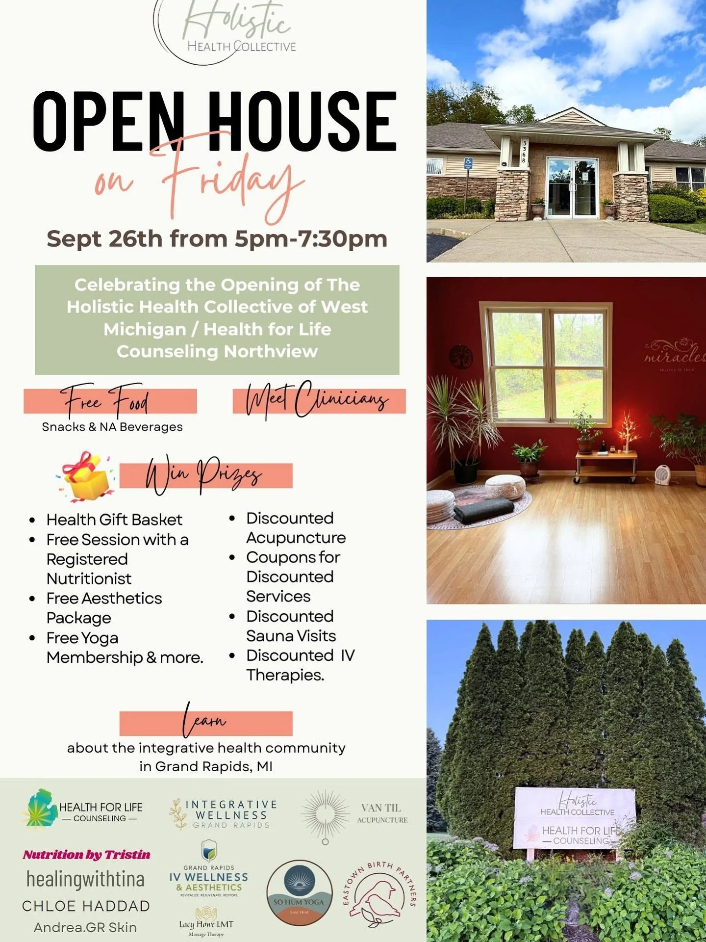 The wellness center where my office is located is hosting an Open House this Friday, Sept 26th from 5&ndash;7:30 PM 🎉 I&rsquo;ll be there and giving away a FREE 1-hour nutrition coaching session 🥑. Come tour the space, meet our amazing providers, a