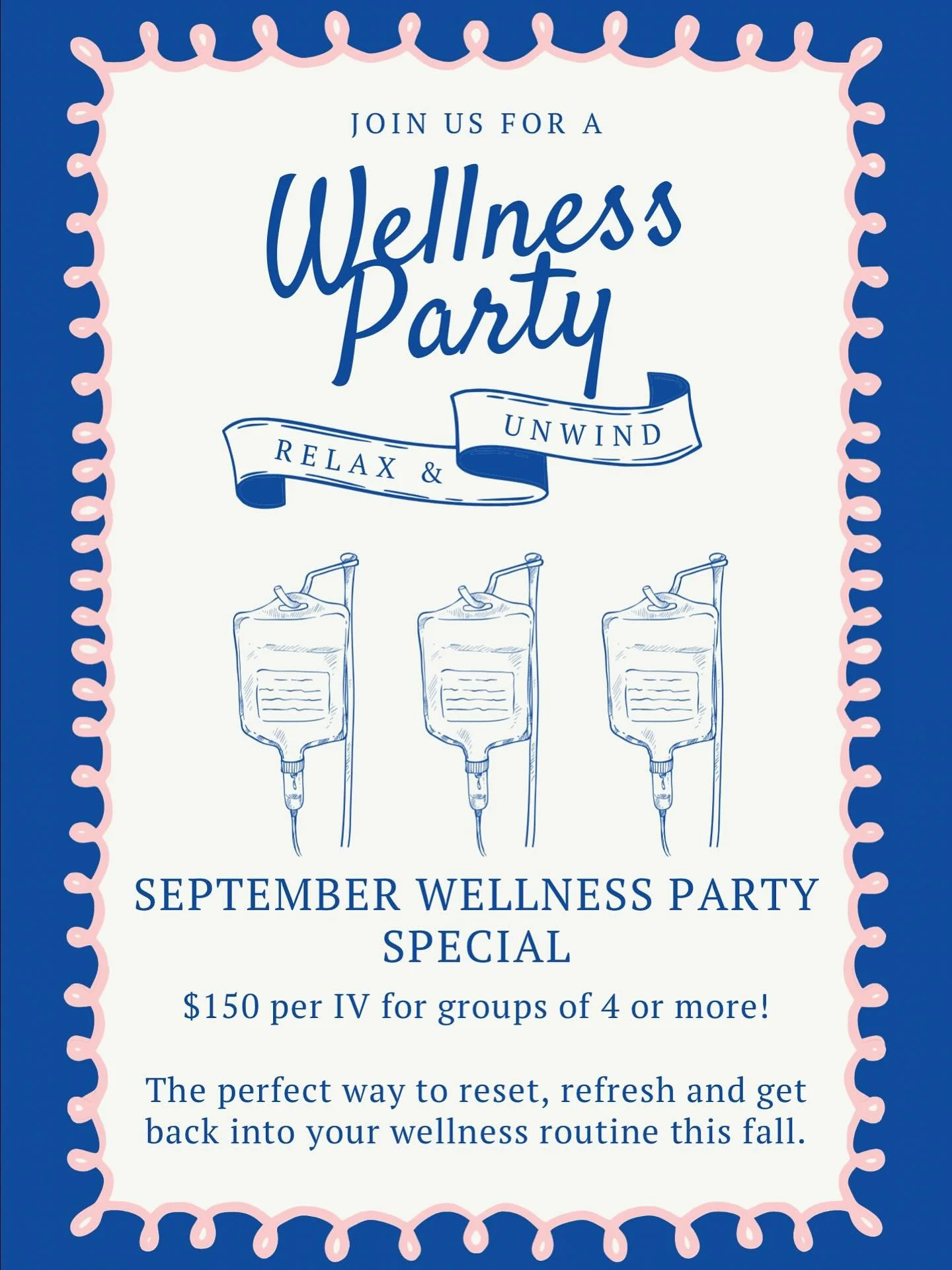 September Wellness Party Special:
Grab your crew and recharge together!
Groups of 4 or more get IV drips for just $150 each.
The perfect way to reset, refresh and get back into your wellness routine this fall.
Wellness made social. Hydration made f