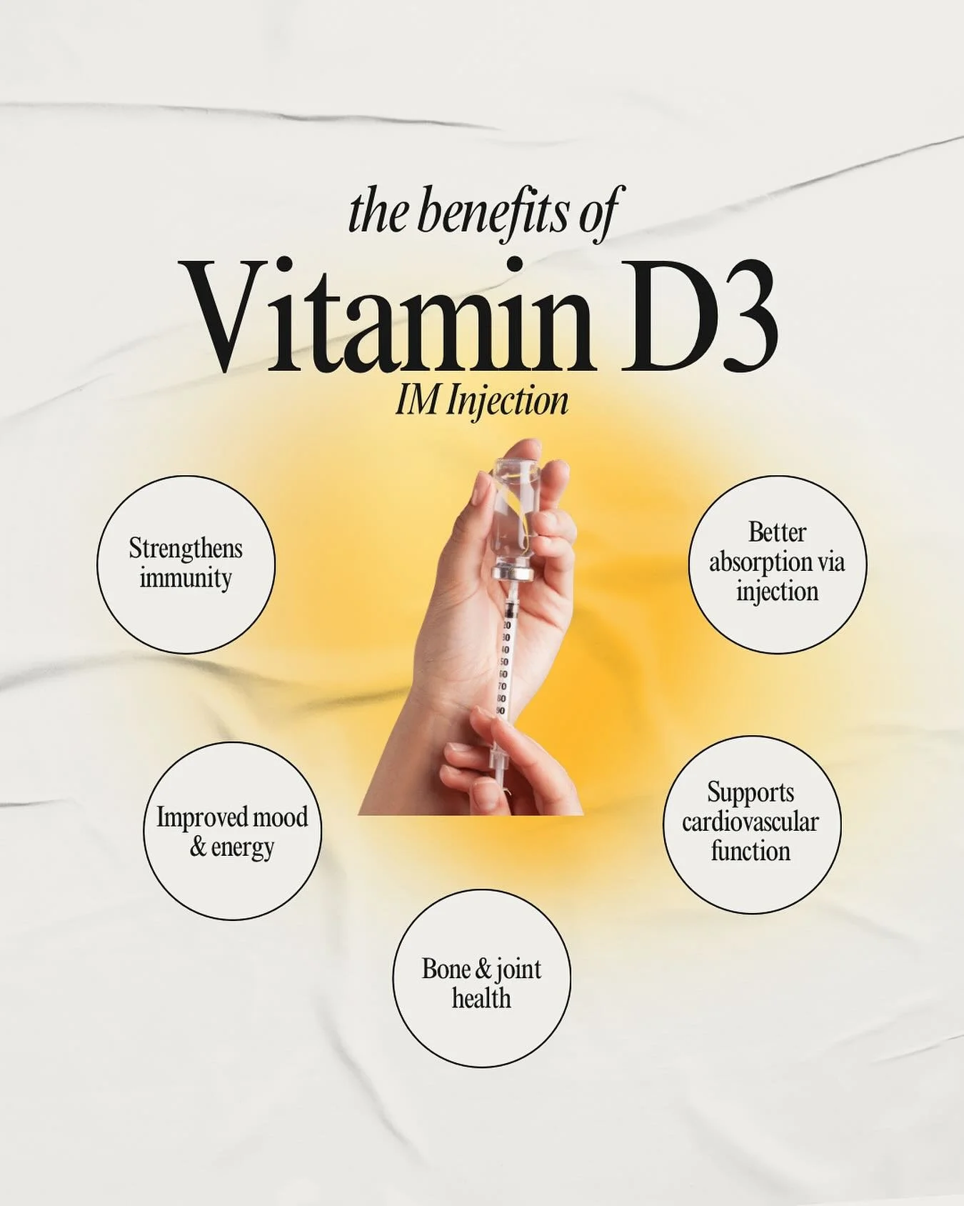 Living in Michigan means long winters and very little sunshine, which leaves many of us deficient in Vitamin D. Low levels can cause fatigue, low mood, weaker immunity, and achy joints.
A quick Vitamin D3 injection can help:
-Boost your energy &