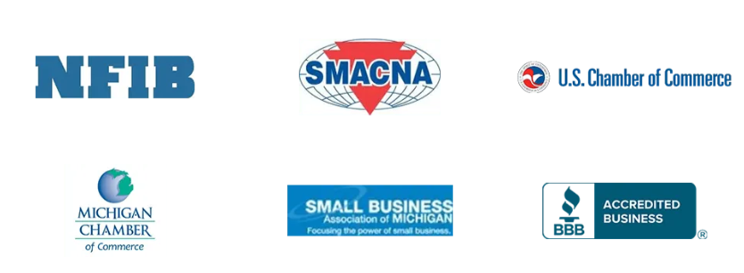 Six logos of business associations and chambers of commerce, including NFIB, SMACNA, U.S. Chamber of Commerce, Michigan Chamber of Commerce, Small Business Association of Michigan, and BBB Accredited Business.
