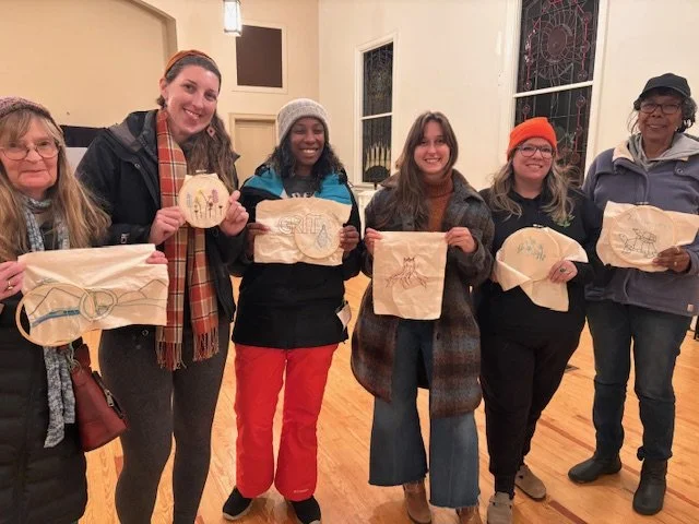 Community members share their embroidery pieces created at our community quilt workshop.