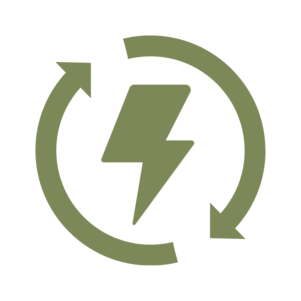 A recycling or energy-saving icon featuring a green lightning bolt inside a circular arrow, symbolizing renewable energy or eco-friendly power.