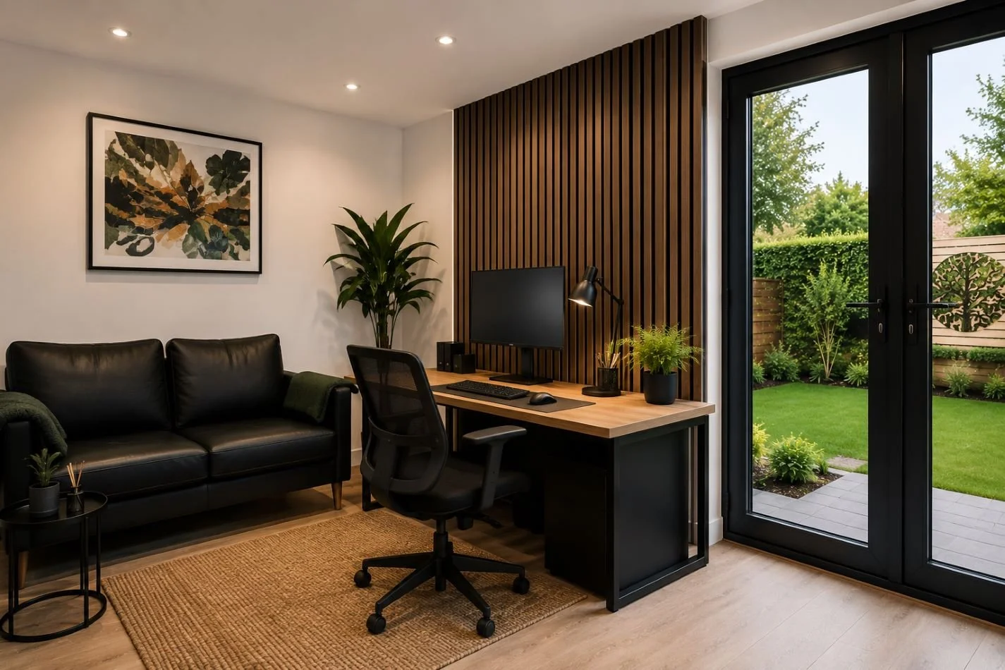 Modern home office with black sofa, workspace with computer, and large glass door opening to a green backyard