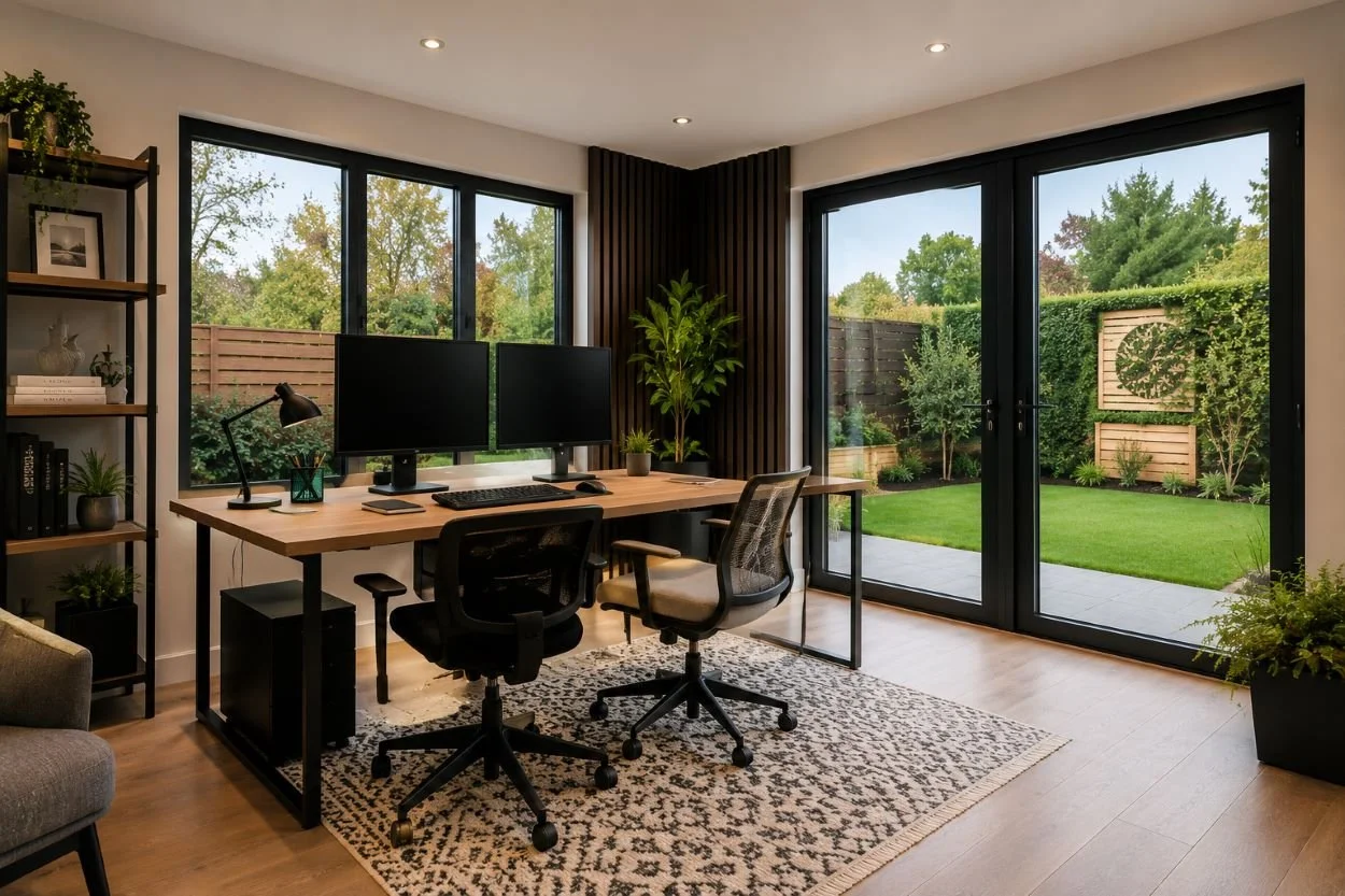 Modern home office with large windows and sliding glass doors leading to a backyard with green grass, trees, and a decorative wooden wall panel.