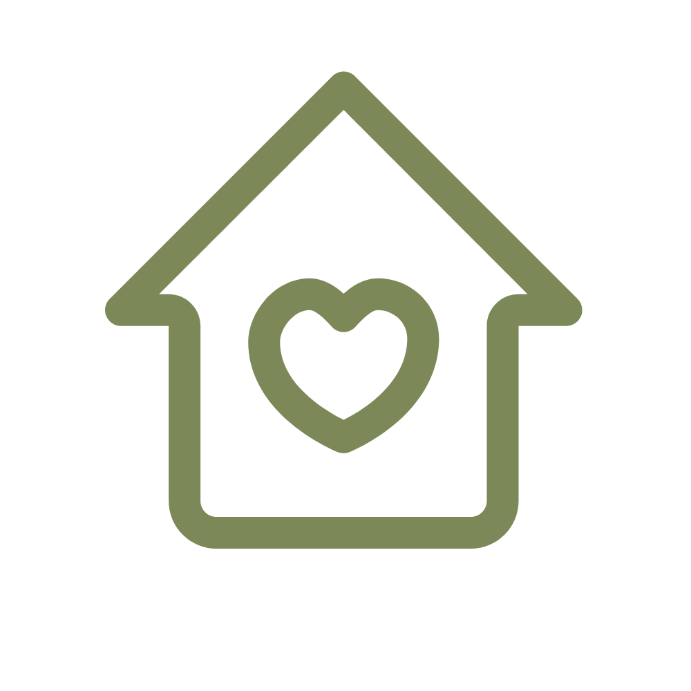 Outline of a house with a heart inside, representing home and love.