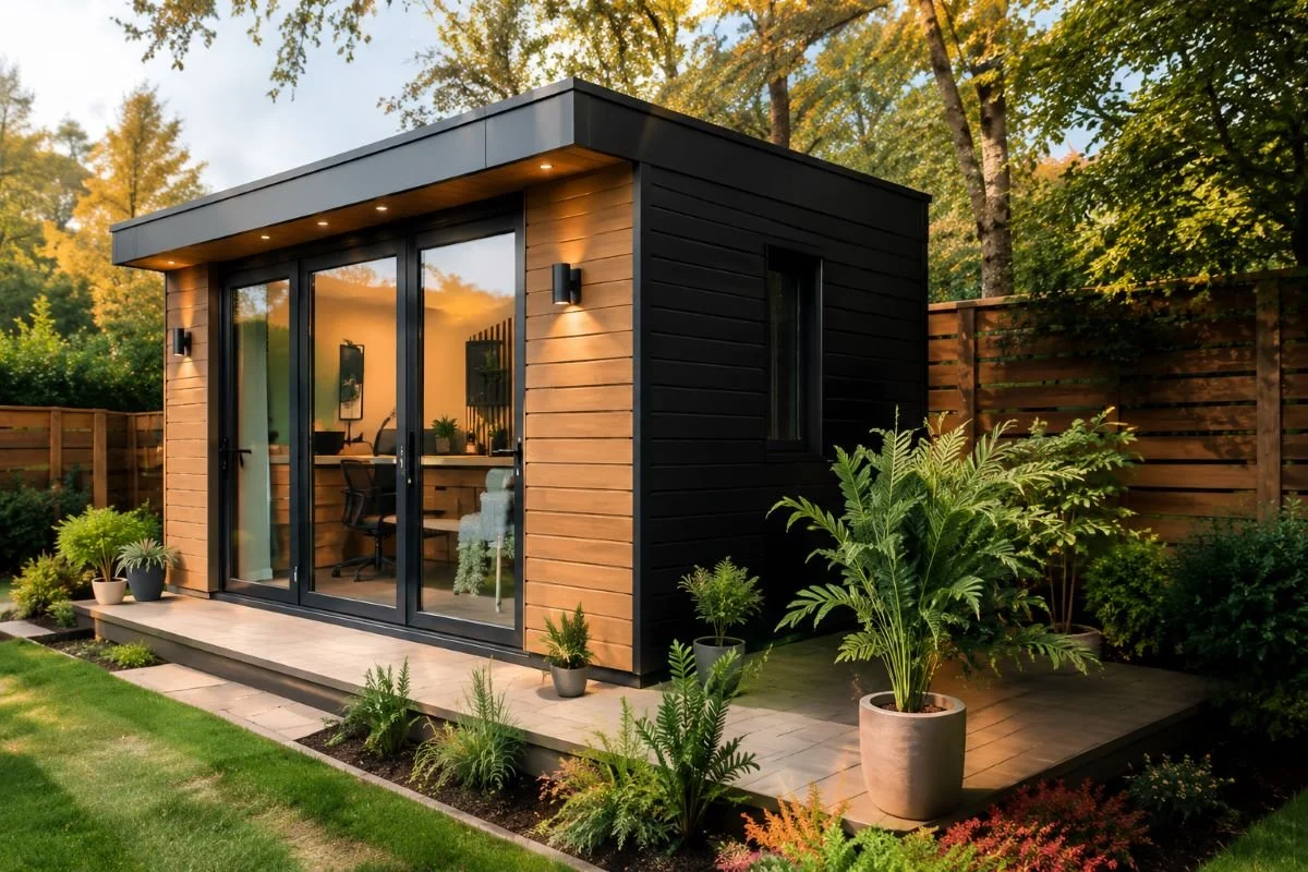 A modern tiny house with black and wooden exterior walls, large glass sliding doors, surrounded by potted plants and greenery, with a wooden fence and trees in the background.