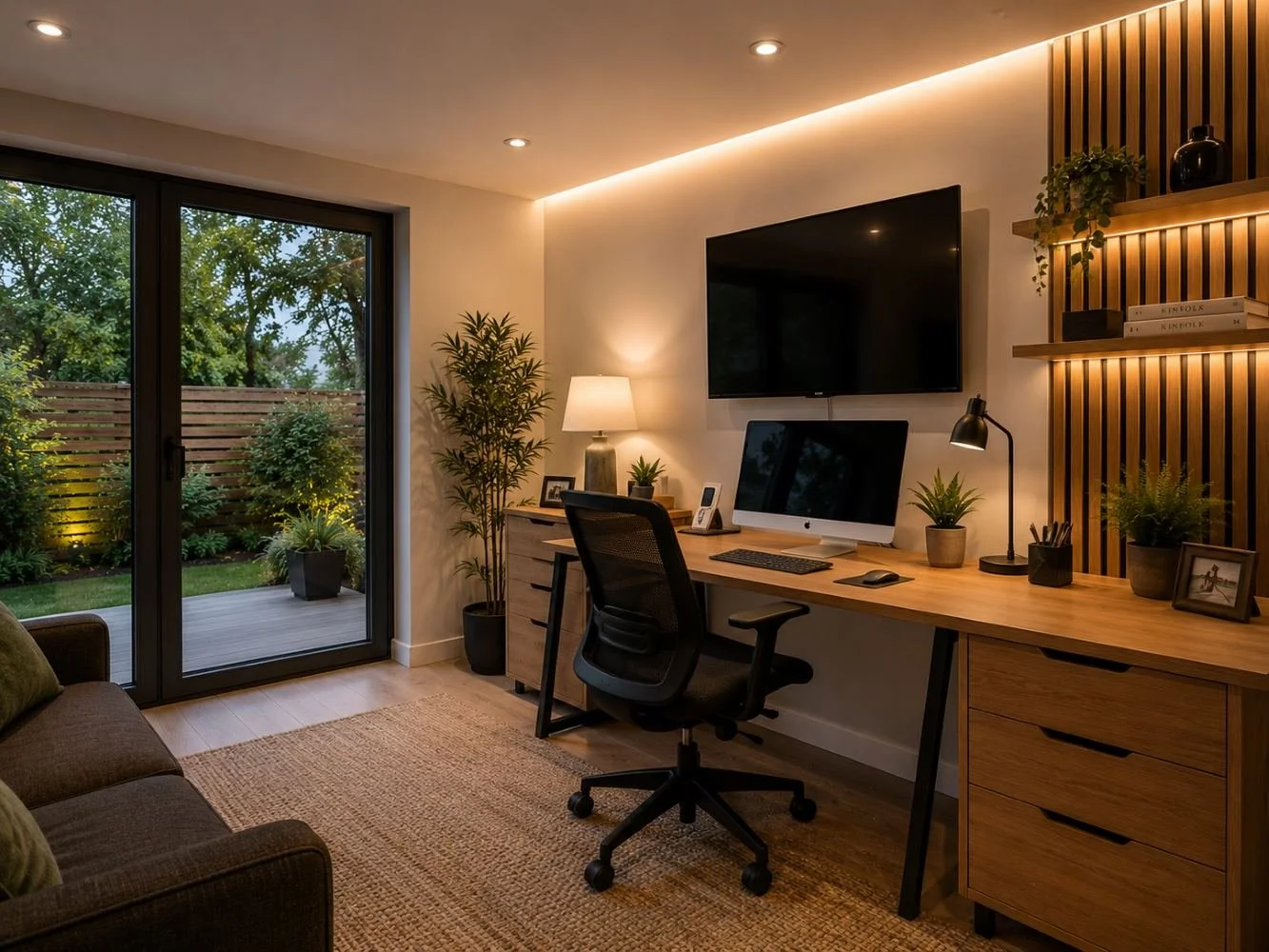 Home office with wooden desk, black ergonomic chair, desktop computer, large wall-mounted TV, table lamp, indoor plants, framed photos, and shelves with books, next to a sliding glass door leading to a backyard.