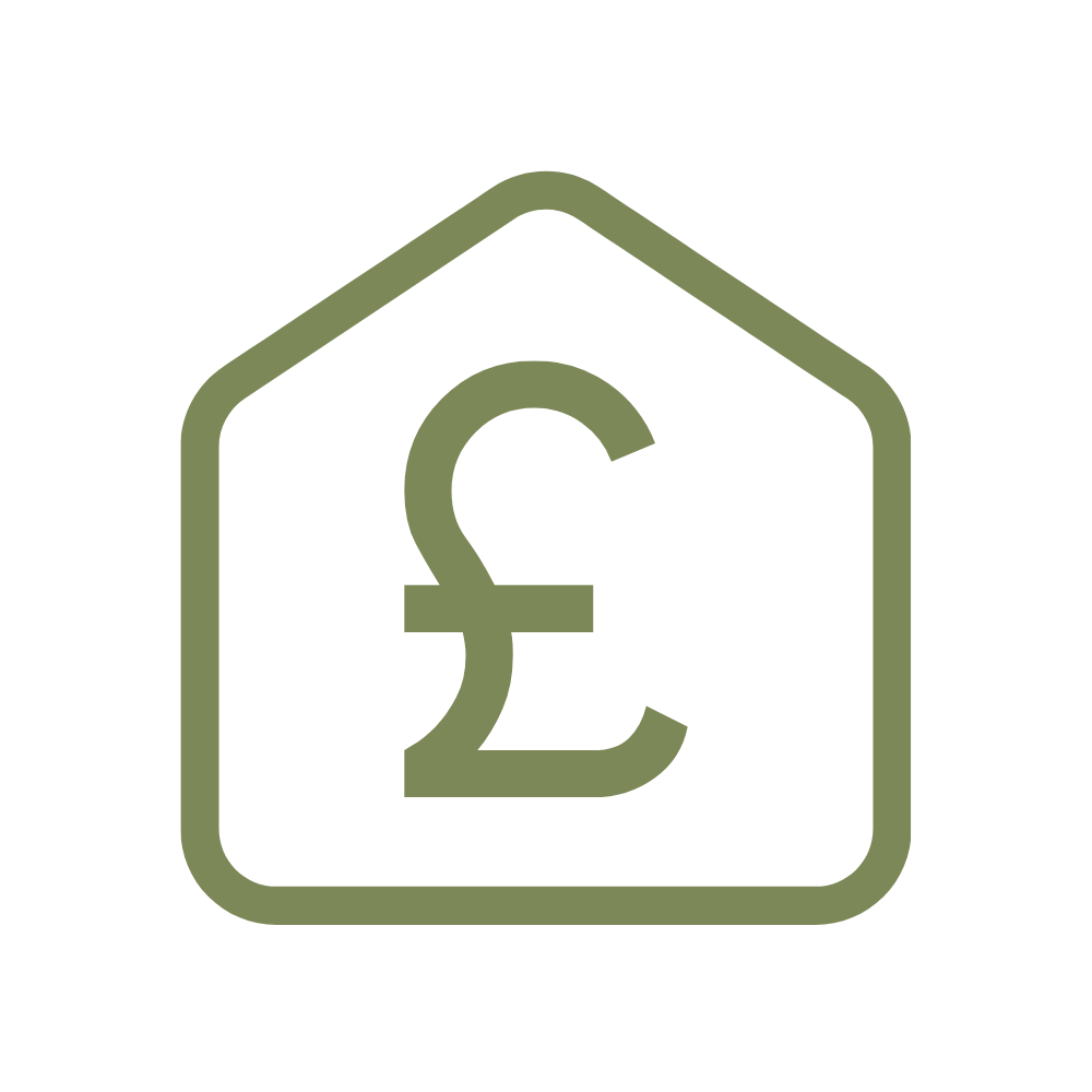Icon of a pound currency symbol (£) inside a house outline.