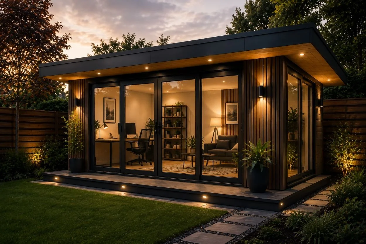 A modern backyard office or tiny home with large glass sliding doors, warm interior lighting, wood panel siding, and surrounding greenery at dusk.