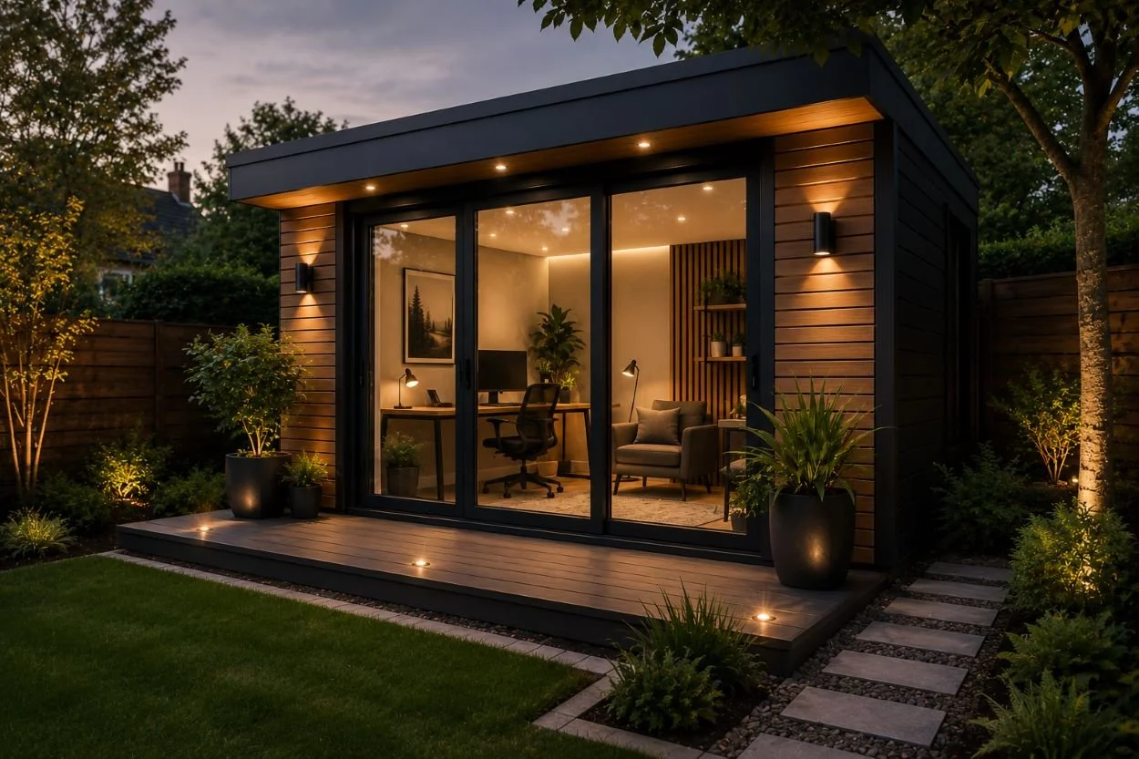 Modern backyard office or studio with glass sliding doors, surrounded by landscaped garden and potted plants, illuminated with warm exterior lighting in the evening.