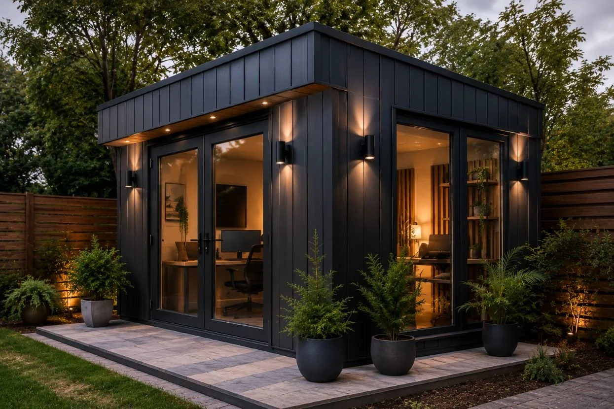 A small modern black office or studio building with large glass doors and windows, surrounded by potted plants and outdoor lighting, in a backyard with a wooden fence and trees.