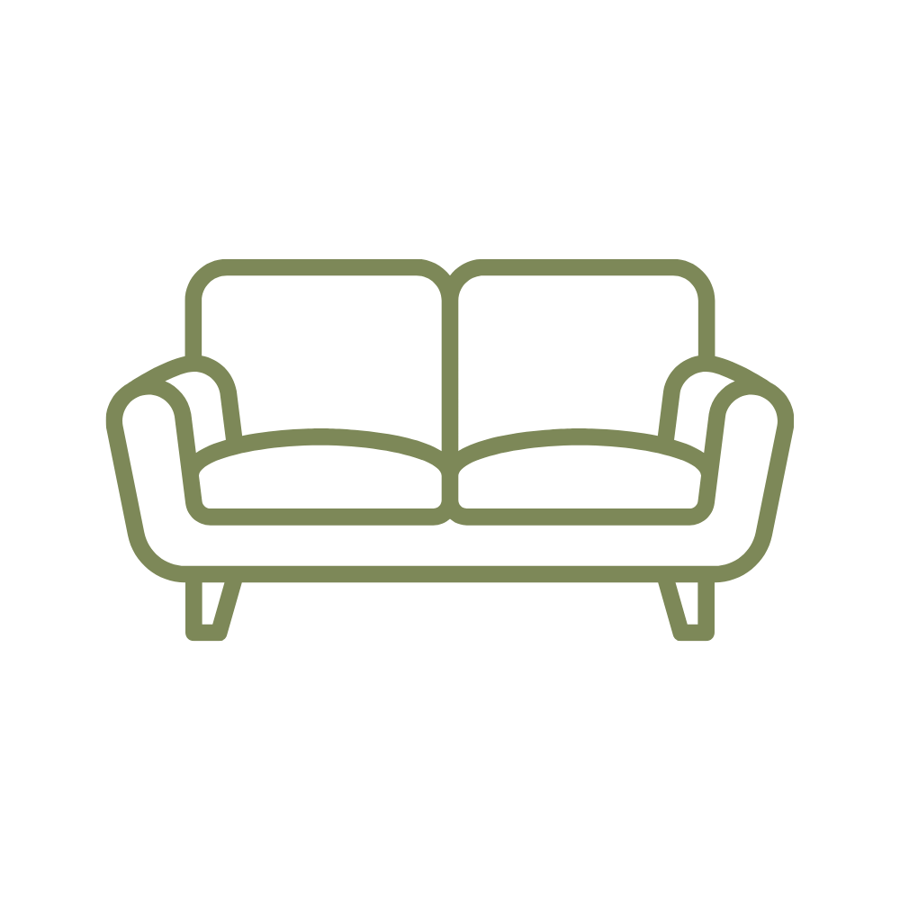 Line drawing of a sofa with cushions and armrests.