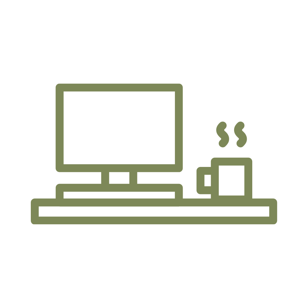 Line drawing of a computer monitor on a desk with a coffee mug emitting steam.