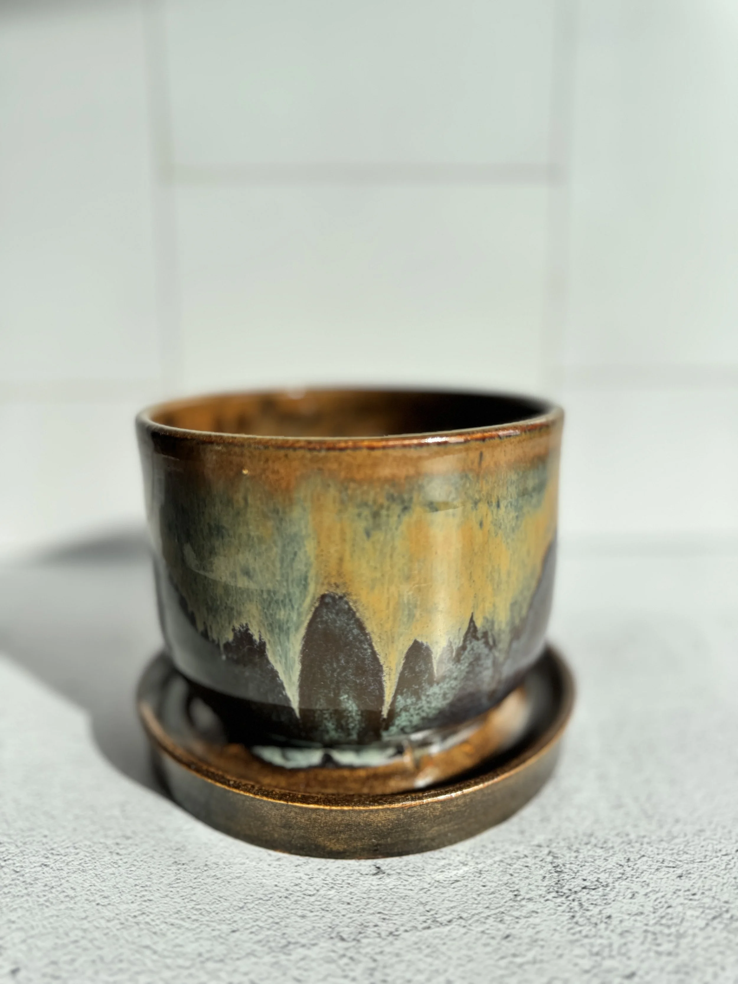 Falling Fire Handmade Ceramic Planter with Attached Saucer