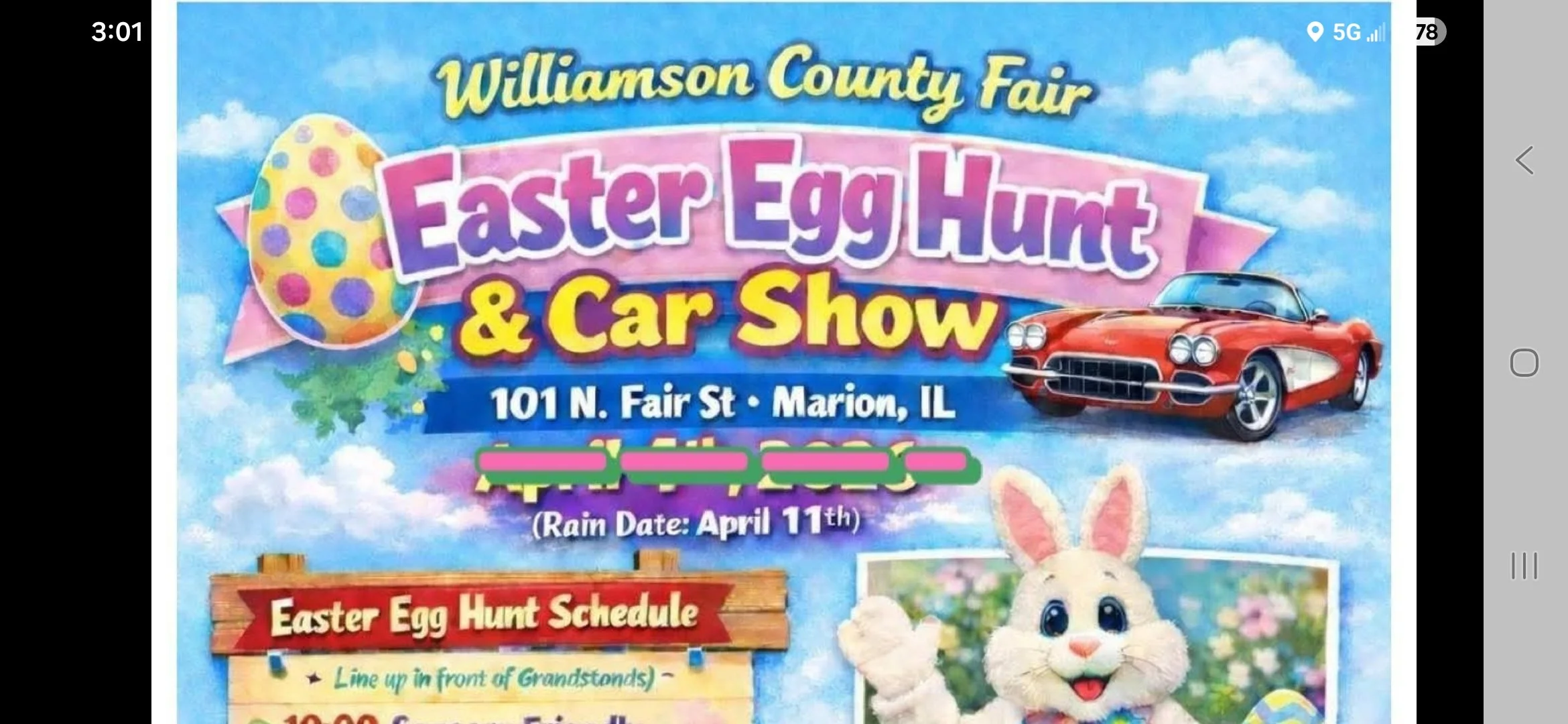 April 11th, 2026 Easter Egg Hunt Car Show at Williamson County Fairground, Marion, IL.