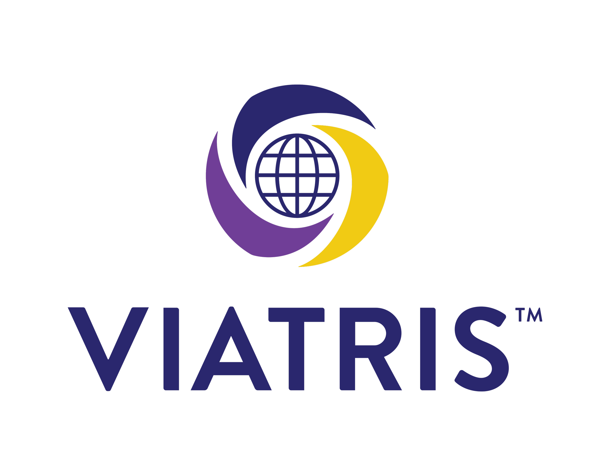 Viatris logo with globe surrounded by three curved shapes in purple, blue, and yellow