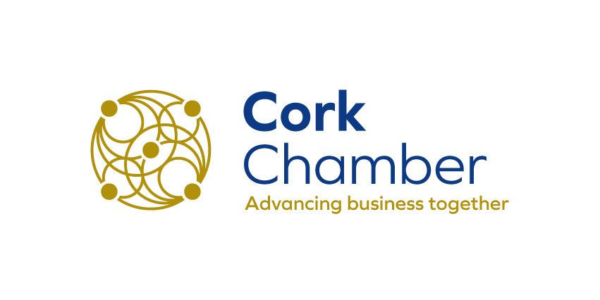 Cork Chamber logo with a gold interconnected circles graphic and navy blue and gold text that reads 'Cork Chamber' and 'Advancing business together'.