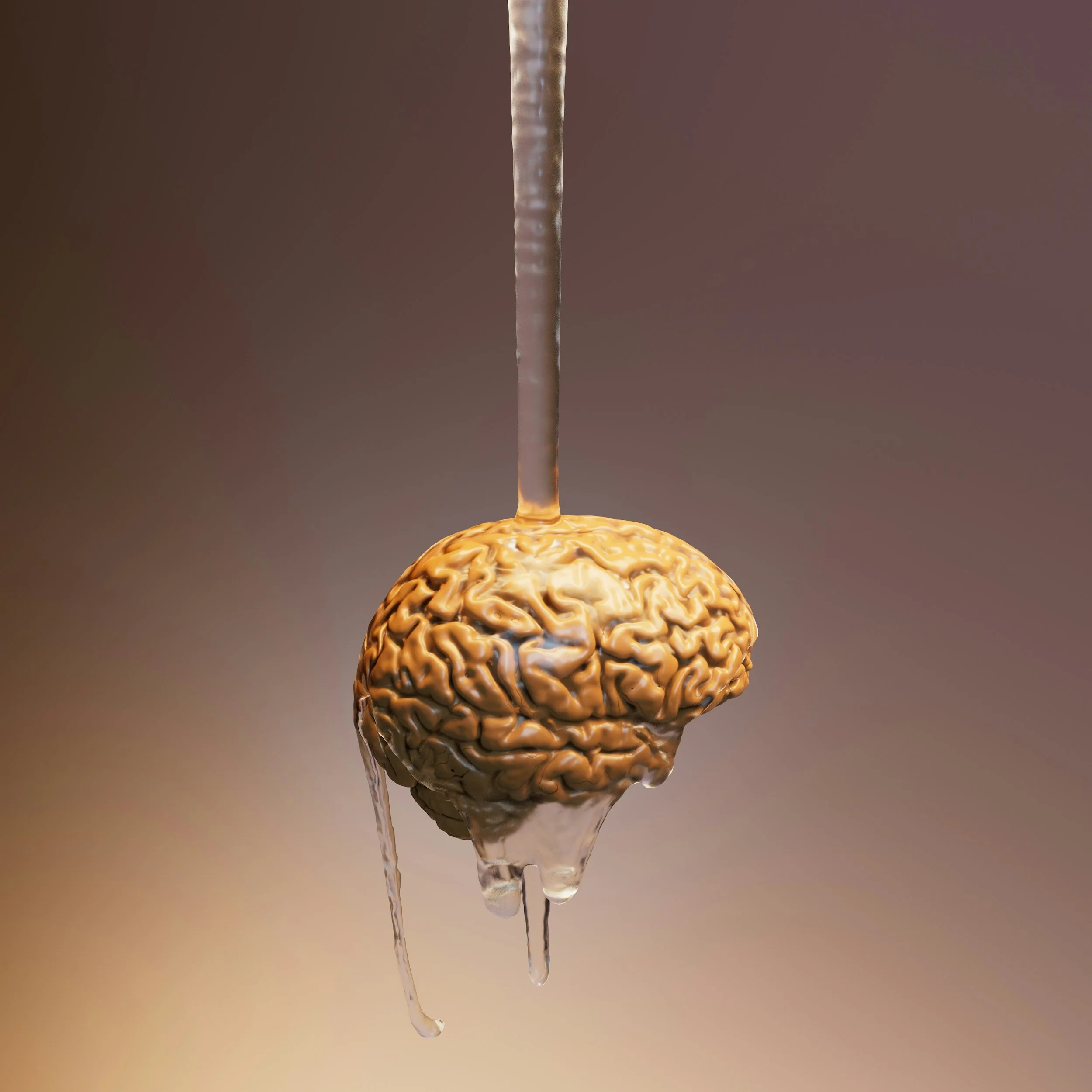A human brain with water pouring over it and dripping down.