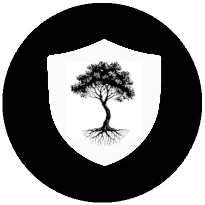 A black and white logo of a tree with roots, enclosed within a shield shape.