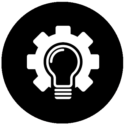 A white icon of a light bulb inside a gear on a black background.