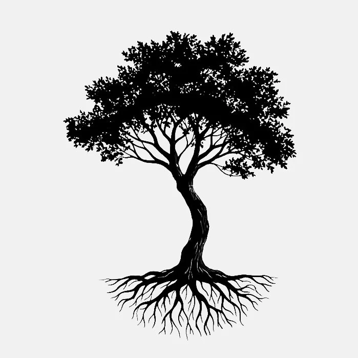 Silhouette of a tree with a twisting trunk, many branches, and visible roots, black on a gray background.