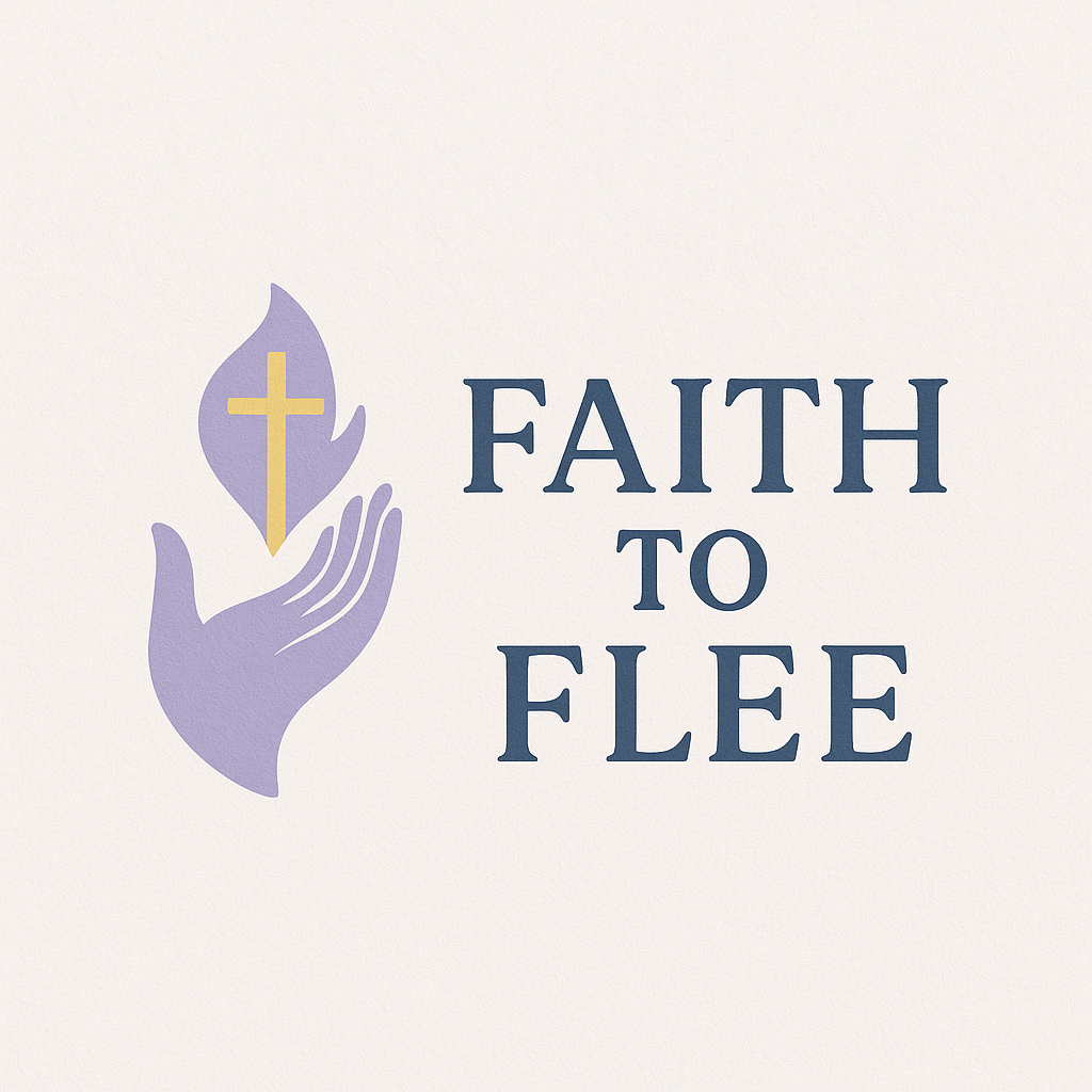 Graphic with a stylized hand holding a purple flame with a gold cross inside it, and the text 'Faith to Flee' next to it.