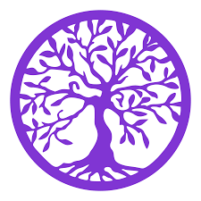 Purple circular logo with a stylized tree with many branches.
