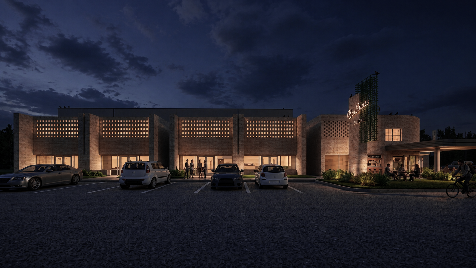 Nighttime view of a modern brick building named Baumu's, with illuminated signs and windows, a parking lot with several cars, people walking and sitting outside, a cyclist, and a landscaped area with plants.