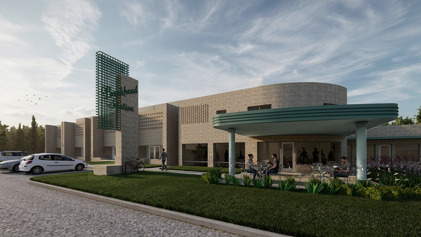 Modern building with outdoor seating area, parked cars, and a few people walking and sitting outside in a landscaped area.