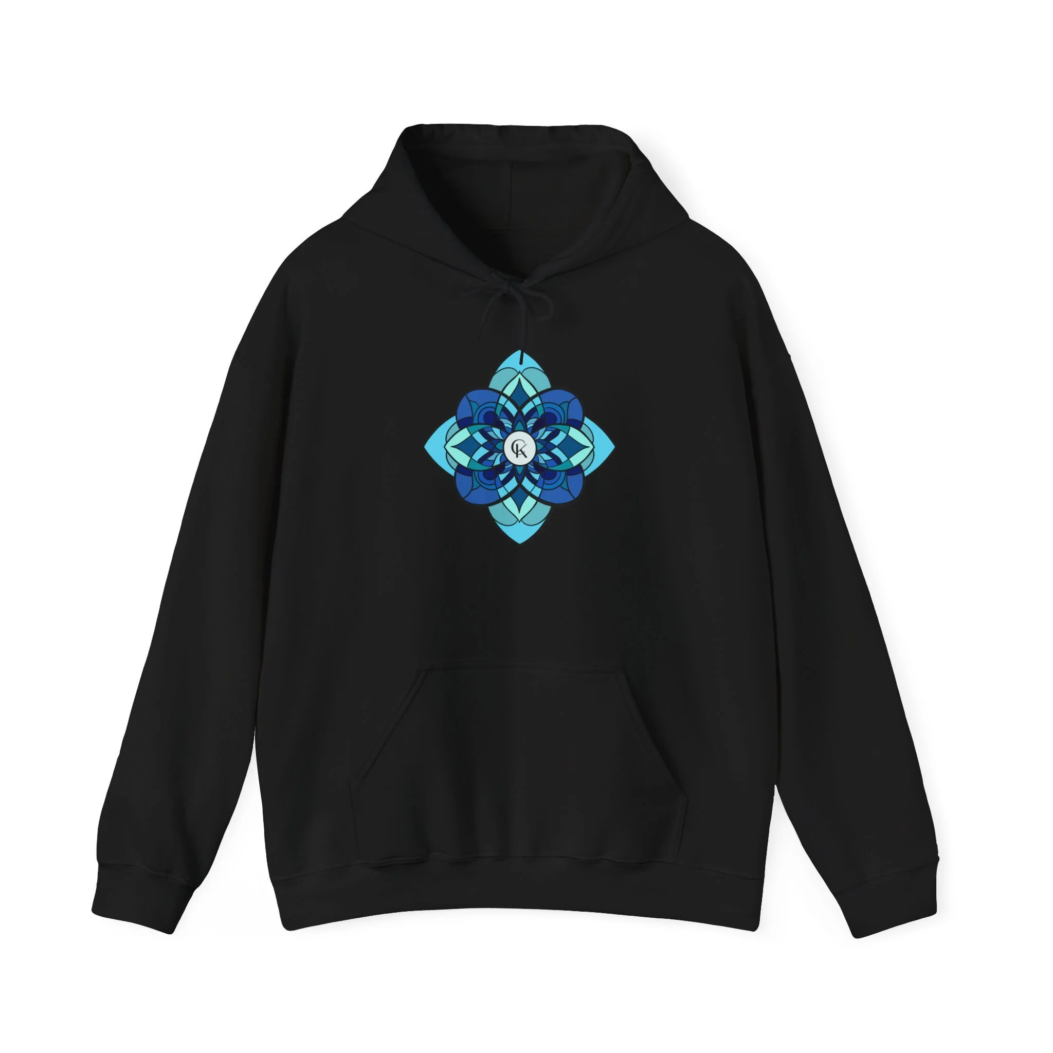 Blue Geometric Mandala Hoodie | Floral Kaleidoscope Chest Design