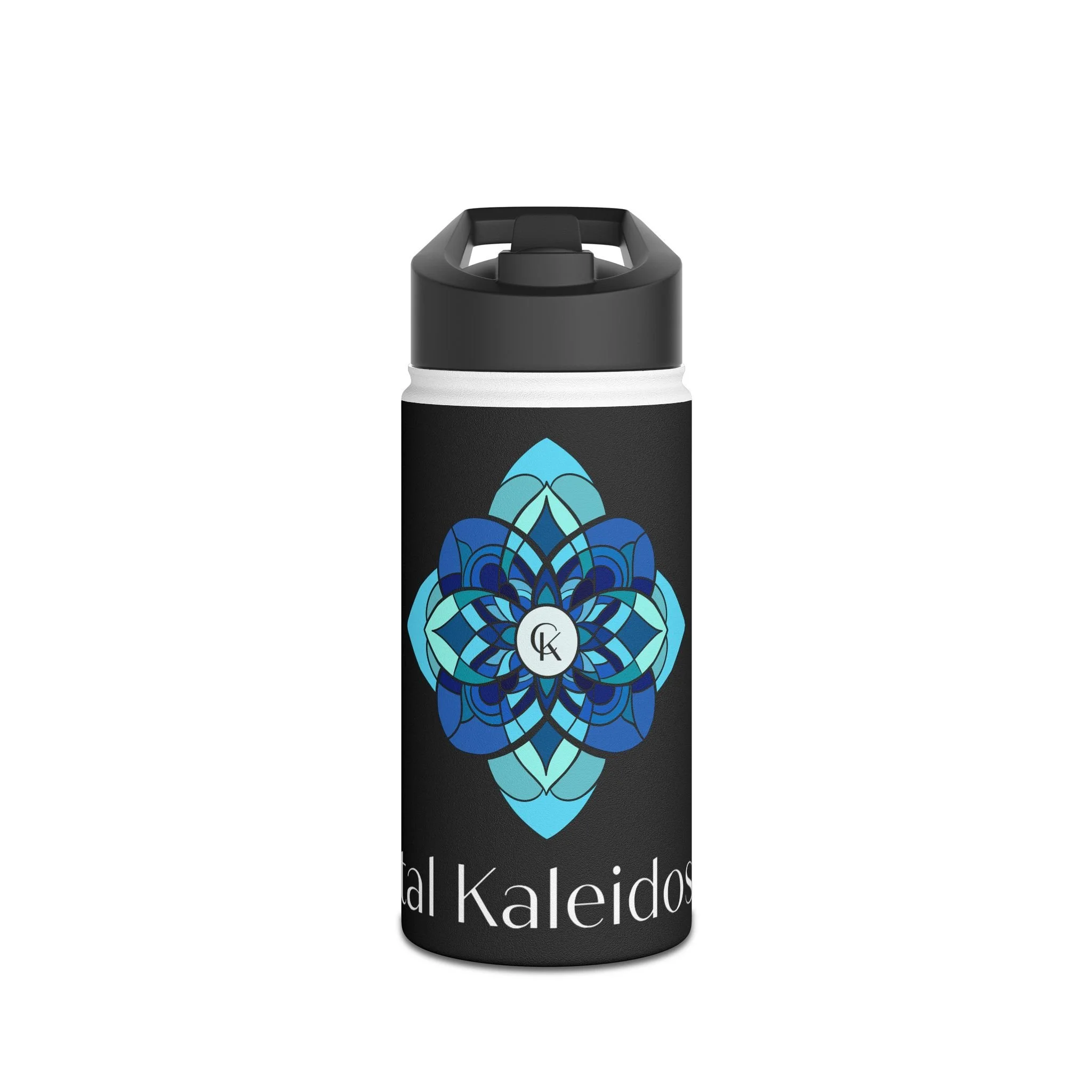 Mandala Logo Stainless Steel Water Bottle — Blue Kaleidoscope Design