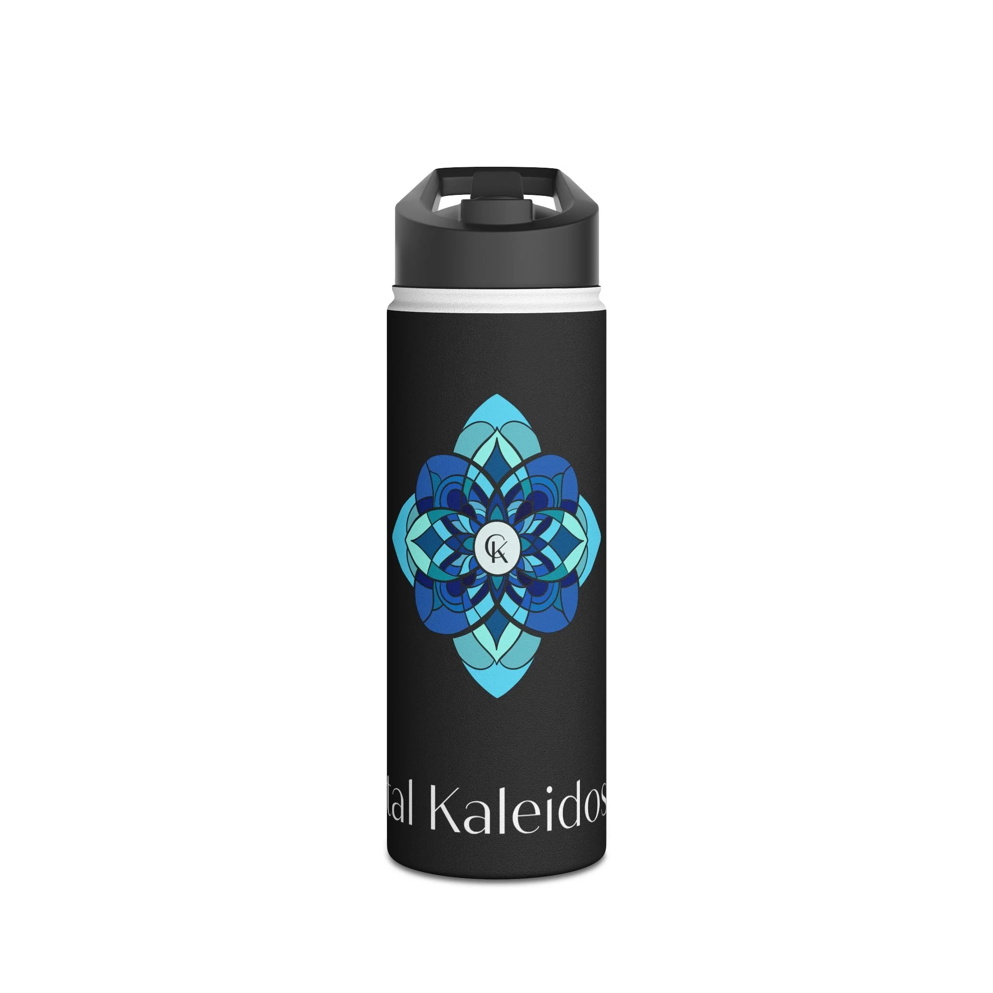 Mandala Logo Stainless Steel Water Bottle — Blue Kaleidoscope Design