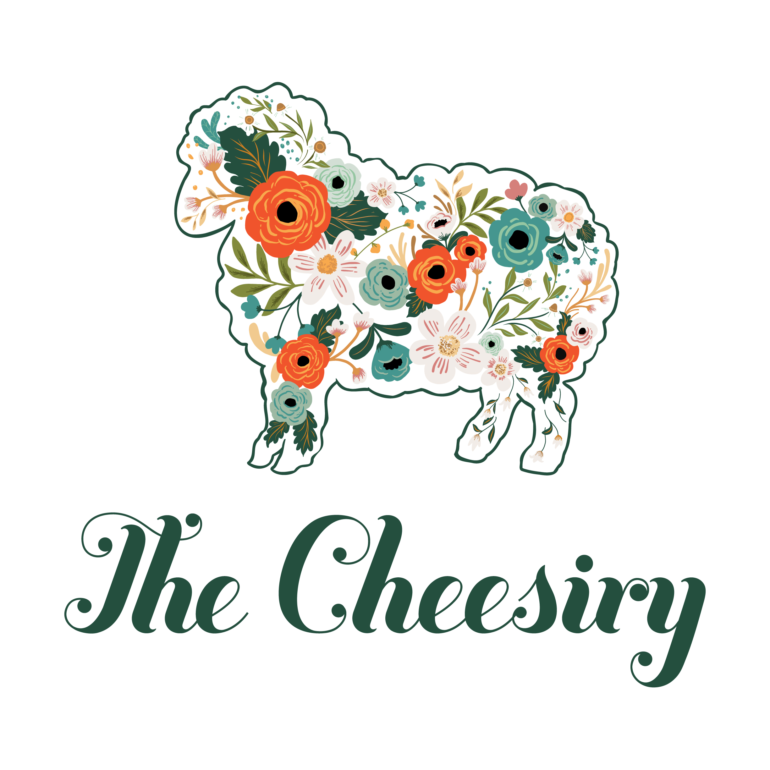 A floral illustration of a sheep with a body covered in colorful flowers, and the text 'The Cheese' written below in elegant cursive.
