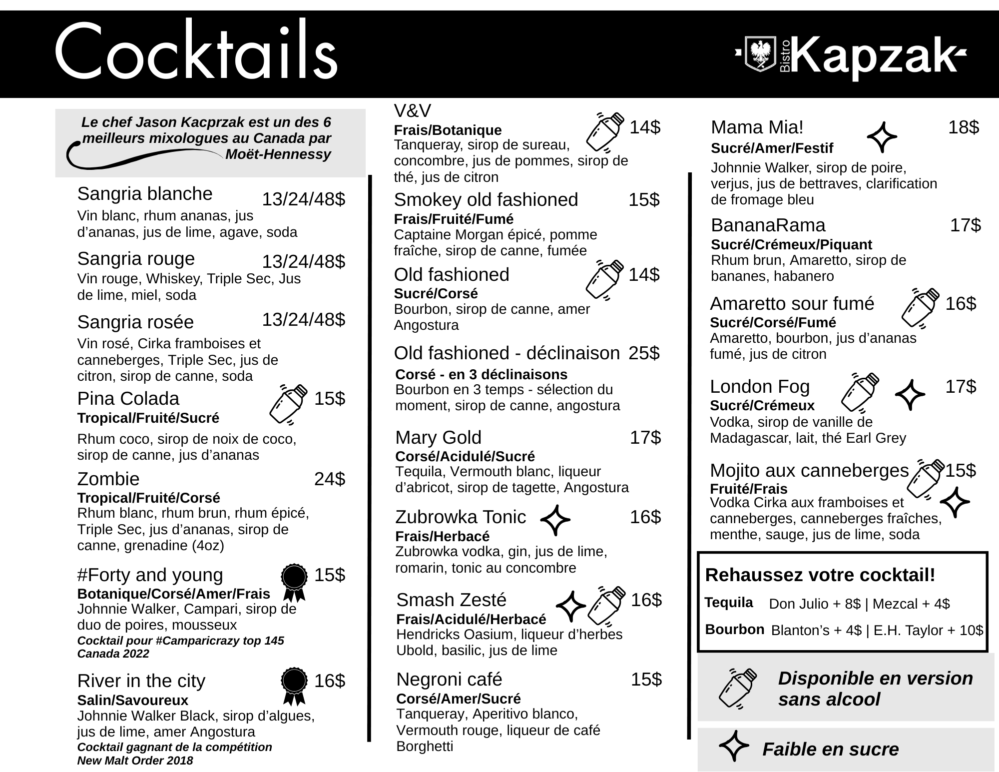 Menu de cocktails avec différentes options et prix, mentionnant le chef Jason Kacprzak, incluant des descriptions de plusieurs cocktails comme Sangria blanche, Sangria rouge, Sangria rosée, Pina Colada, Zombie, et autres, avec icônes de shakers et symboles de faible teneur en sucre.