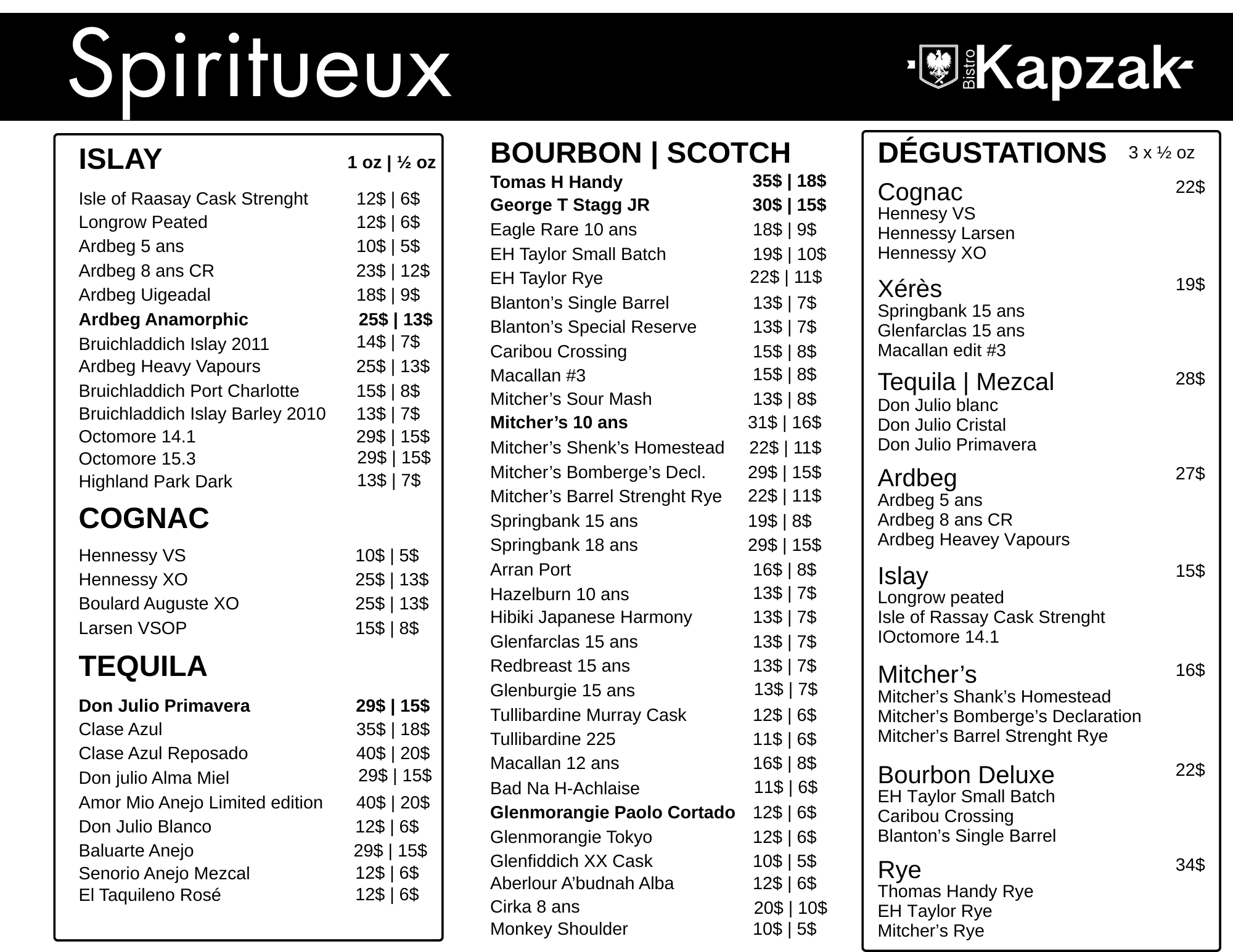 Menu de boissons alcoolisées nommé 'Spiritueux' avec différentes catégories et prix, comprenant whisky, cognac, tequila, mezcal, ardbeg, islay, scotch, bourbon, et autres, en français et en dollars.
