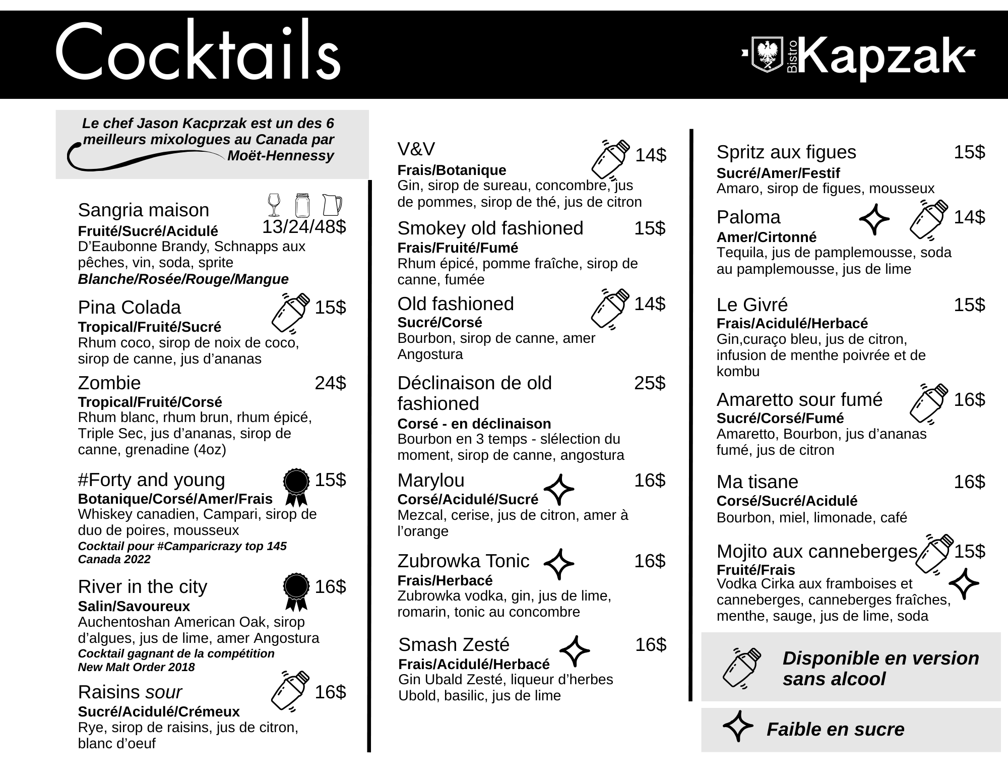 Menu de cocktails avec différentes boissons, leurs ingrédients et prix, incluant des descriptions et des symboles indiquant le contenu en sucre ou alcoolisé, dans un restaurant nommé Bistro Kapzak.