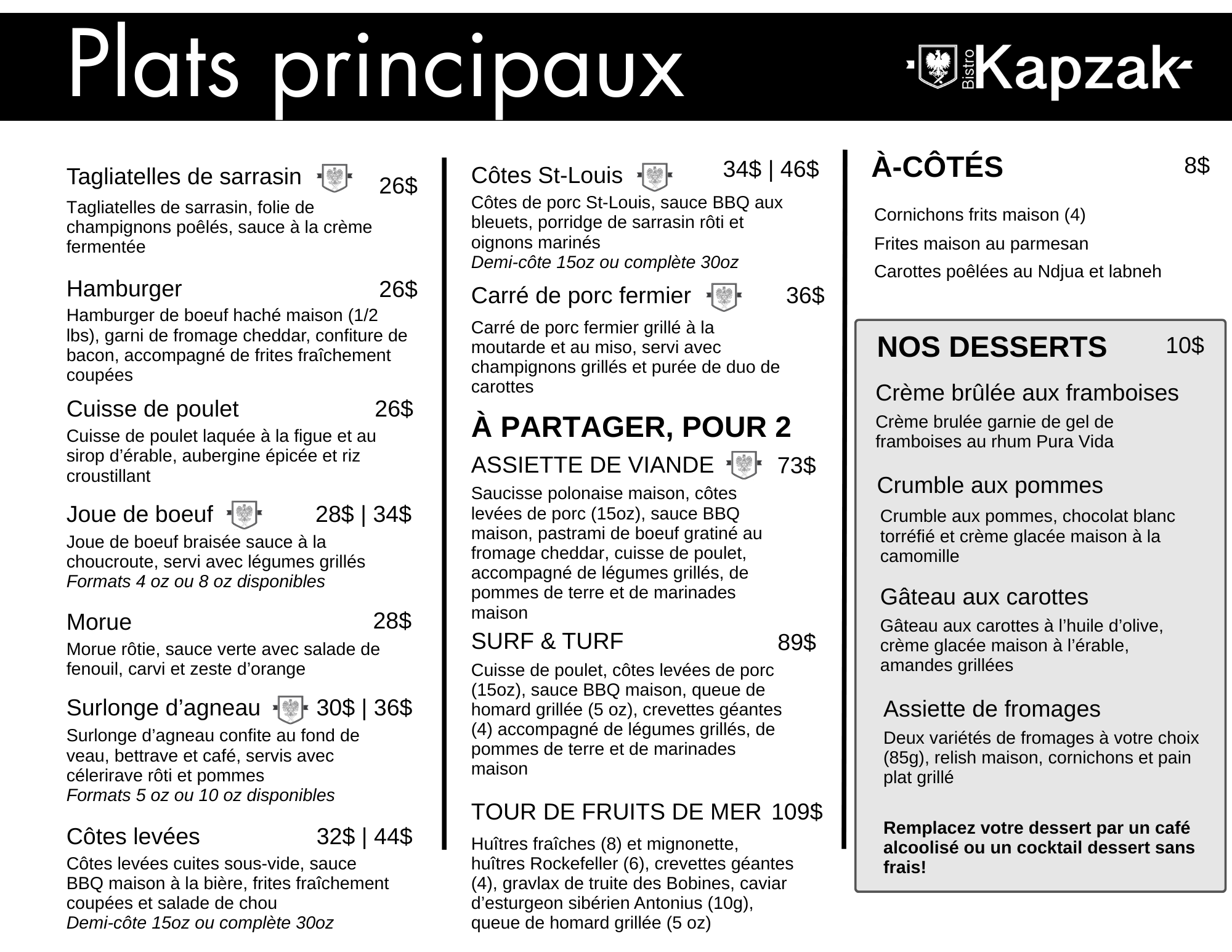 Menu principal d'un restaurant avec différentes sections de plats et prix, incluant des entrées, plats principaux, portions à partager, desserts et boissons. Les plats sont en français avec descriptions détaillées, prix en dollars, et sections séparées pour partager et desserts.