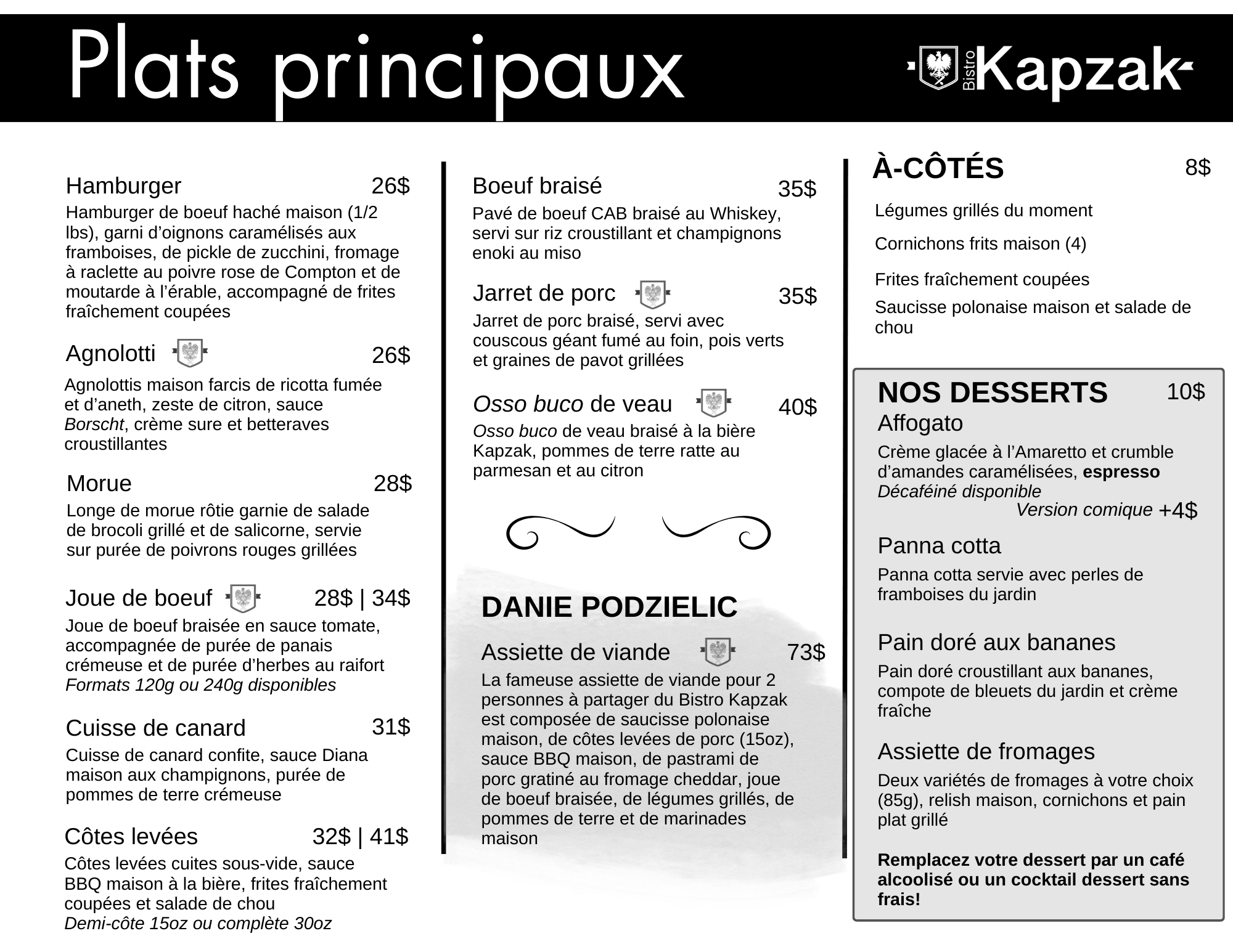 Menu principal du restaurant Bistro Kapzak avec différentes options de plats et desserts en français, comprenant des sections pour hamburgers, viandes, accompagnements, et desserts comme affogato et panna cotta.