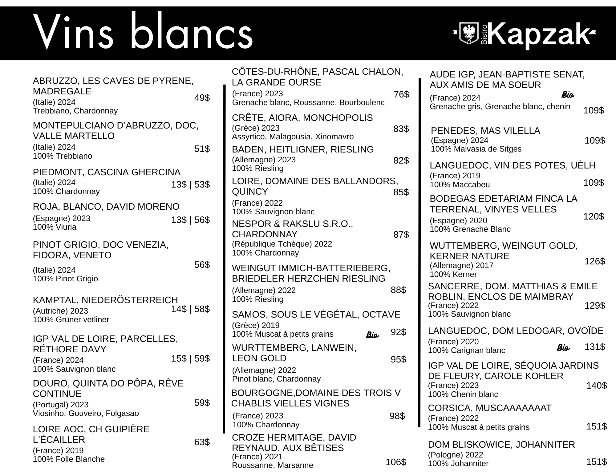 Carte des vins blancs avec différentes régions, cépages, années, prix et notes de goût, incluant des vins d'Italie, France, Grèce, Espagne, Allemagne, Portugal, Pologne, et autres.