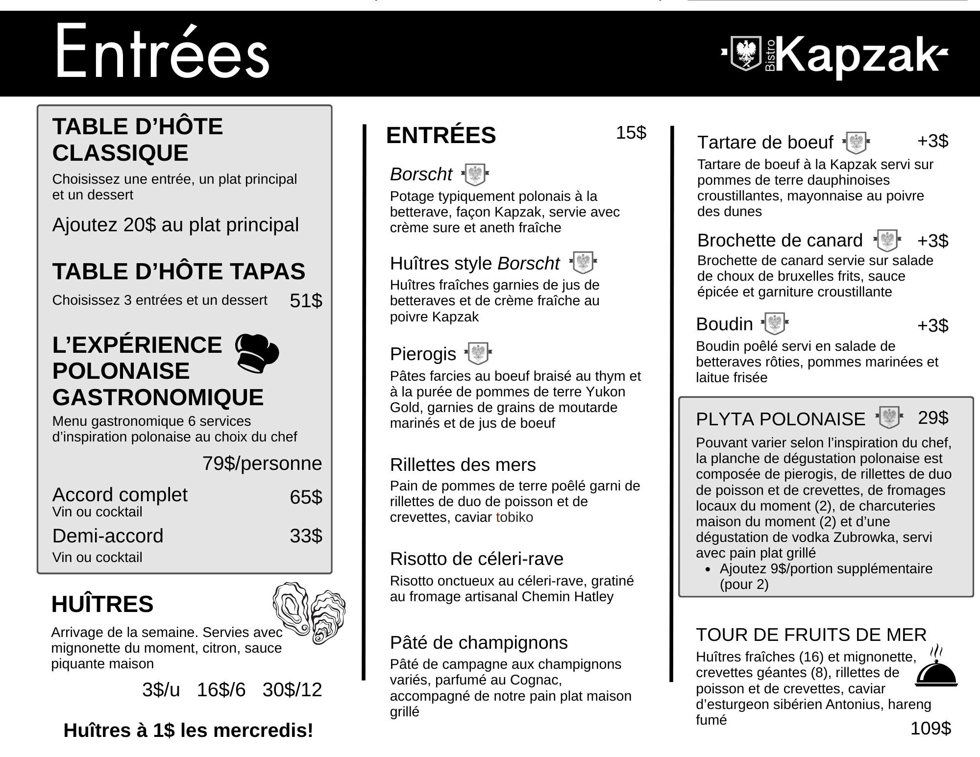 Une carte avec le menu d'un restaurant, indiquant différentes options de hors-d'œuvre et leurs descriptions, prix, et noms.